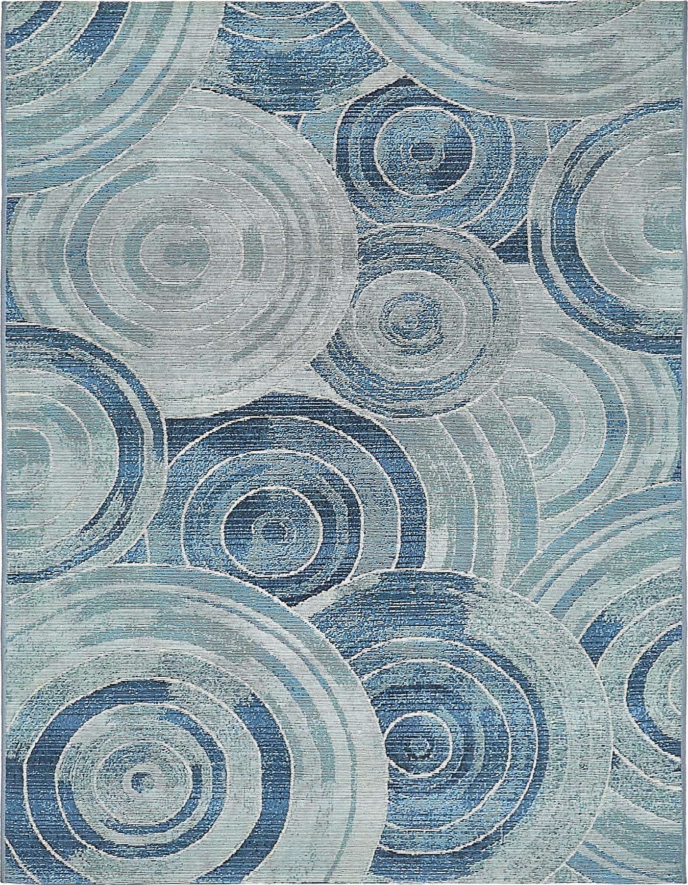 A 4x6 rectangular indoor/outdoor rug featuring an abstract, modern pattern of concentric circles in various shades of blue and light blue.