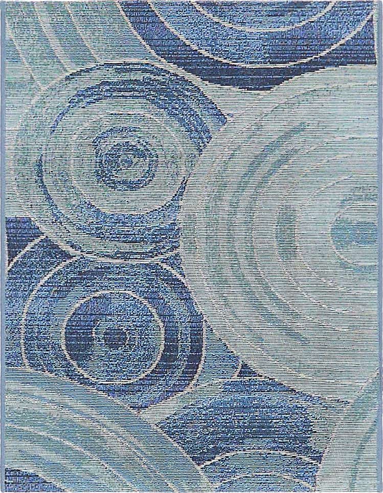 A 2x3 rectangular indoor/outdoor rug featuring an abstract, modern pattern of concentric circles in varying shades of blue, from light aqua to deep navy.