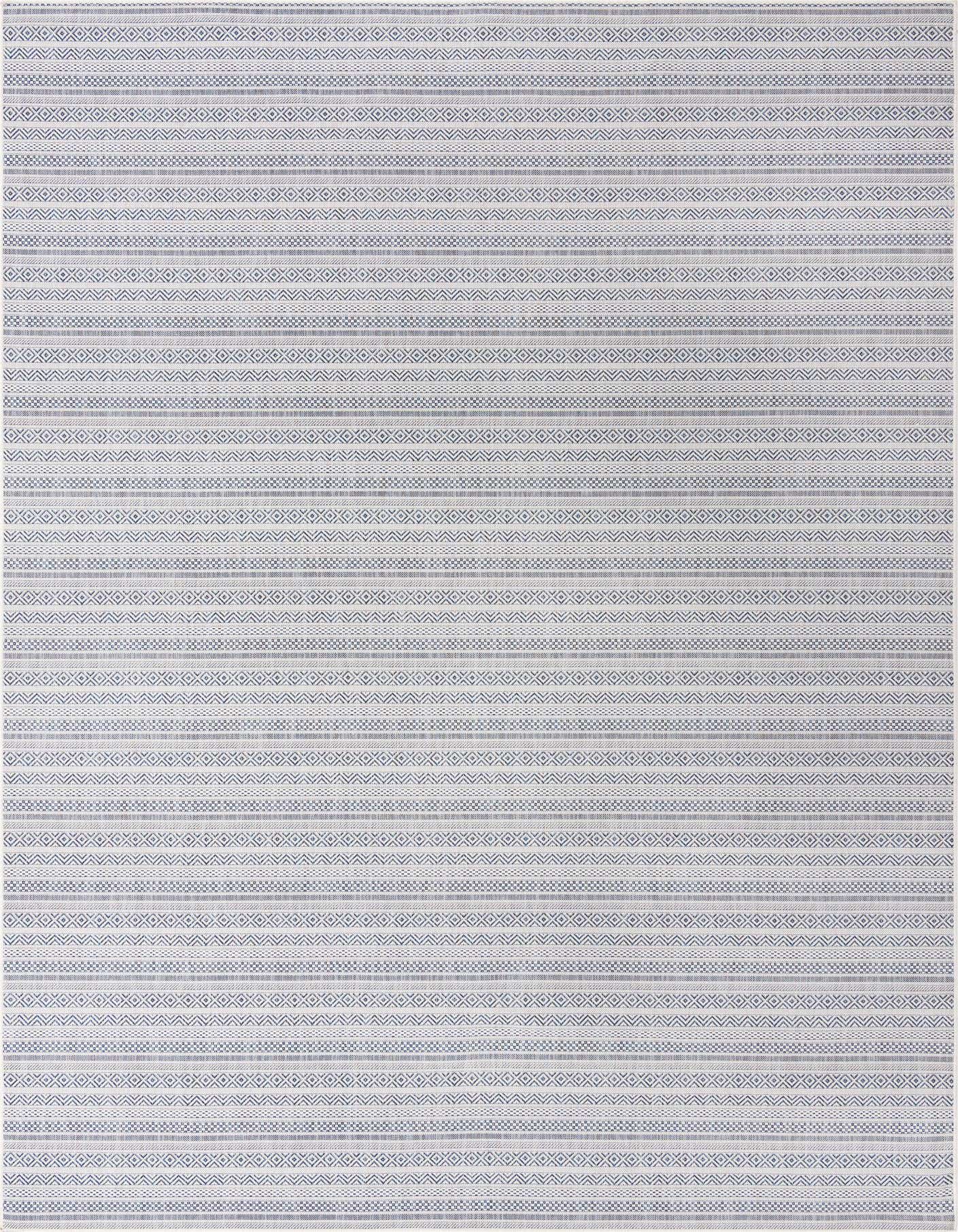 A 10x14 rectangular indoor/outdoor rug featuring horizontal stripes of light blue and white tribal patterns.