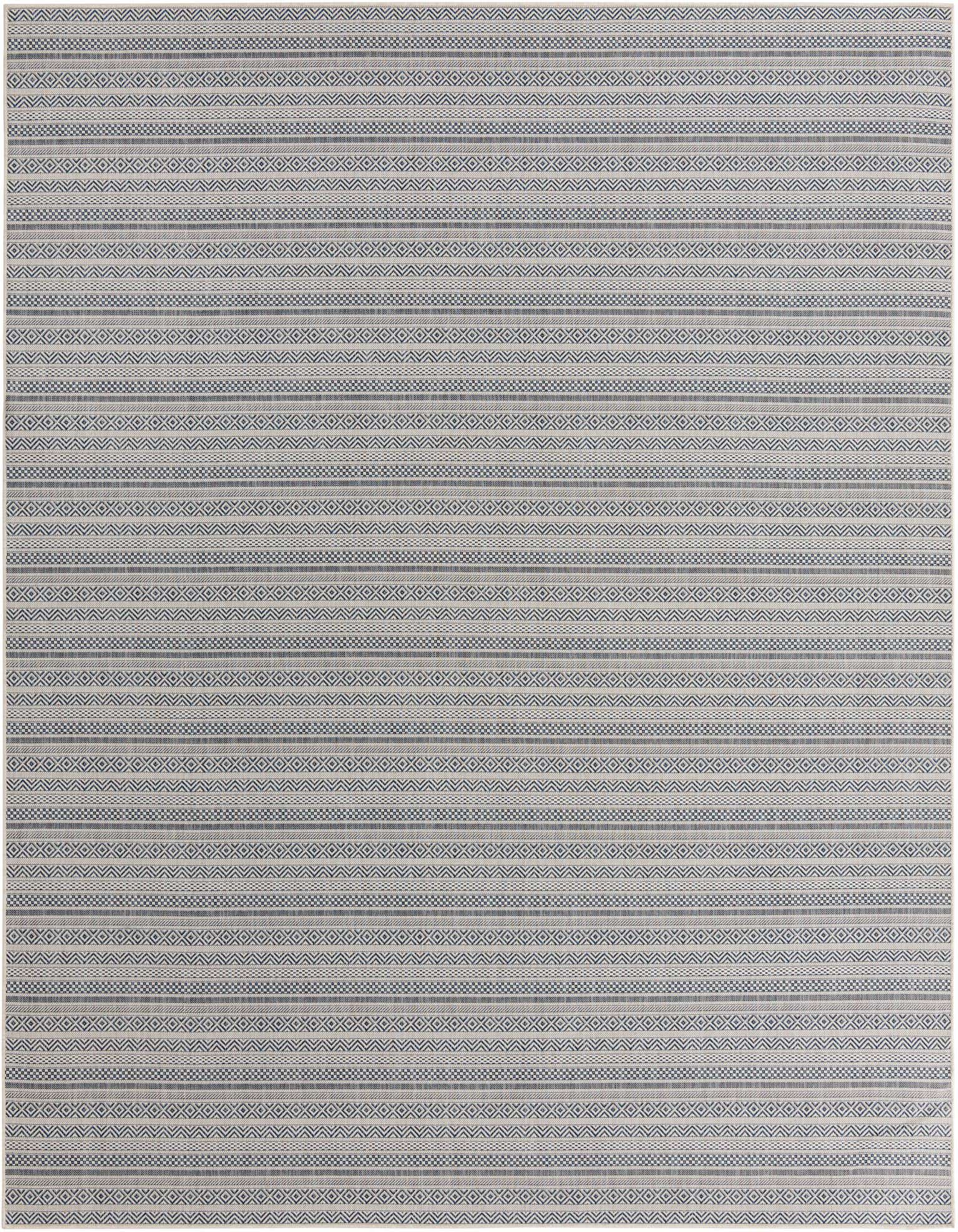 A 10x13 rectangular indoor/outdoor rug featuring horizontal stripes of light blue and off-white tribal patterns.