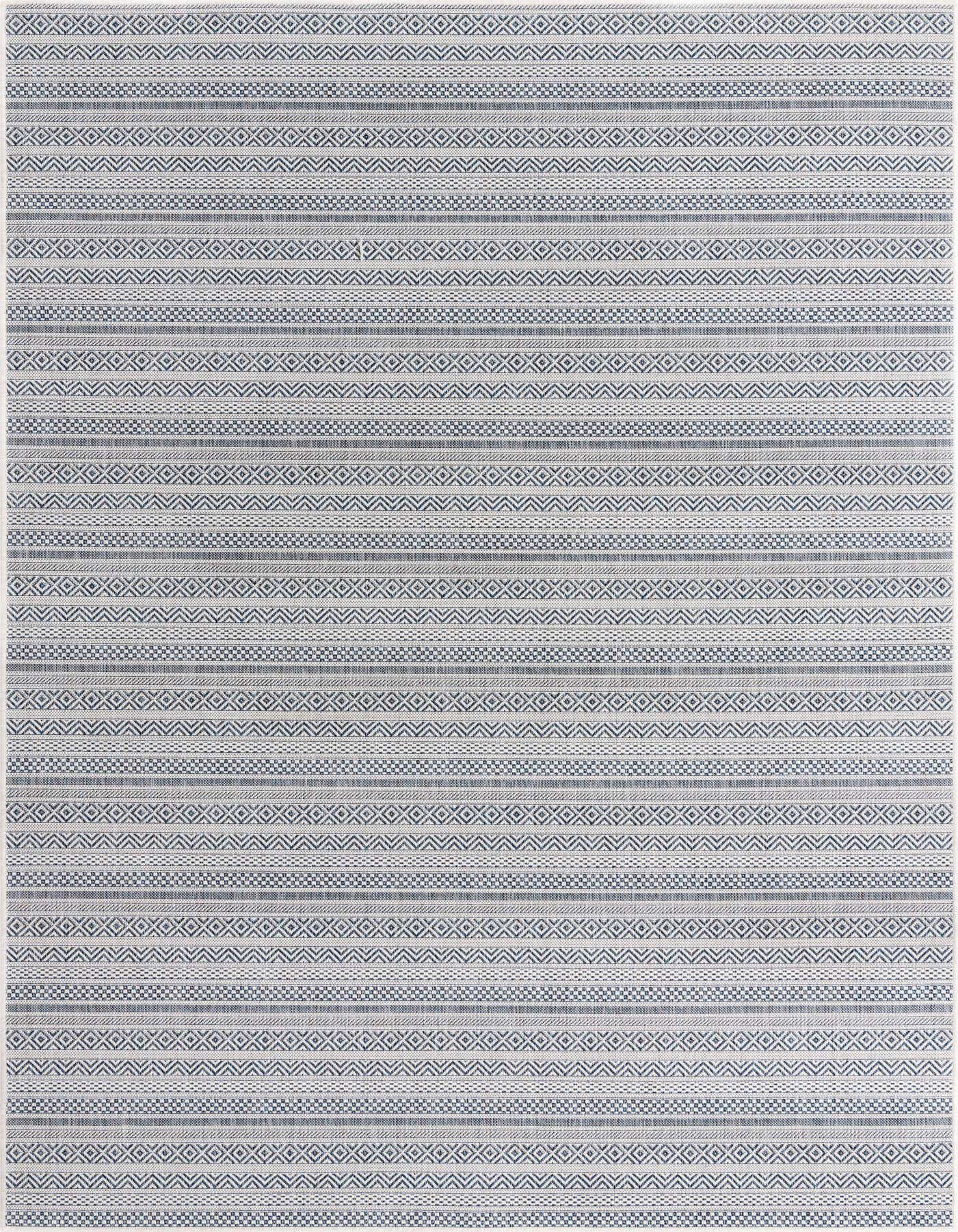 A 7x10 rectangular flatweave rug featuring horizontal stripes of various tribal and geometric patterns in shades of blue and off-white, suitable for indoor or outdoor use.