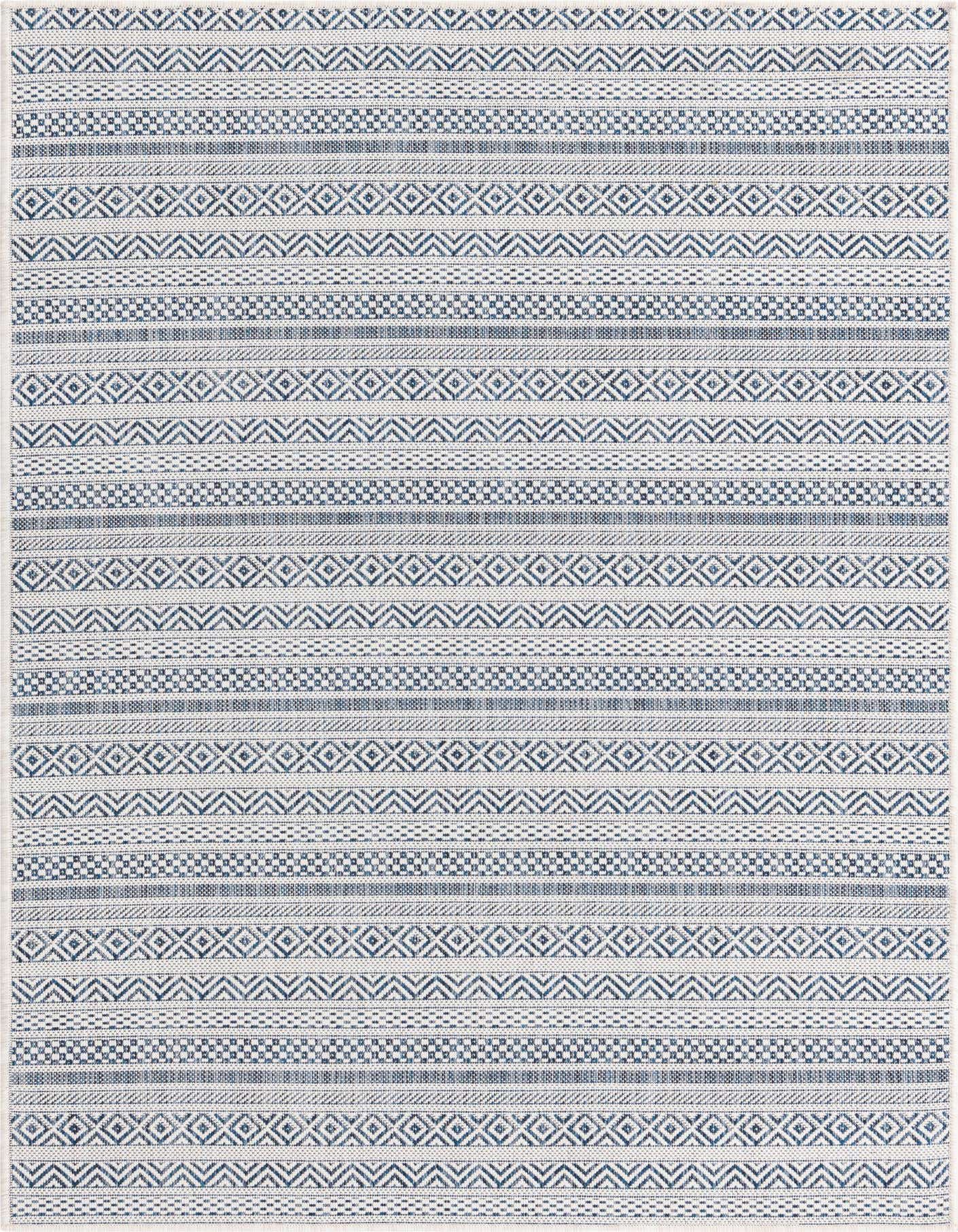 A 4x6 rectangular indoor/outdoor rug featuring horizontal stripes of various tribal and geometric patterns in shades of blue and white.