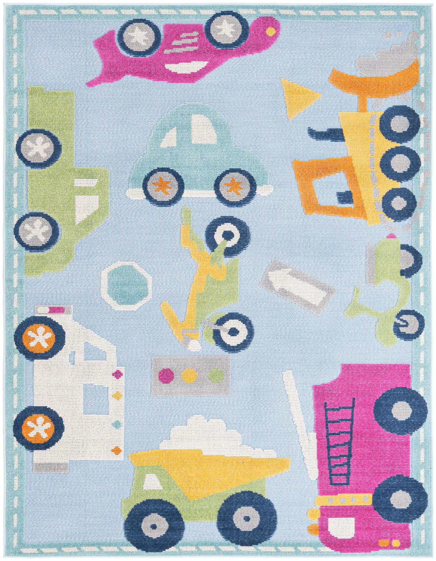 A 5x8 light blue rectangular rug with a modern pattern of colorful cartoon vehicles like cars, trucks, and fire engines.
