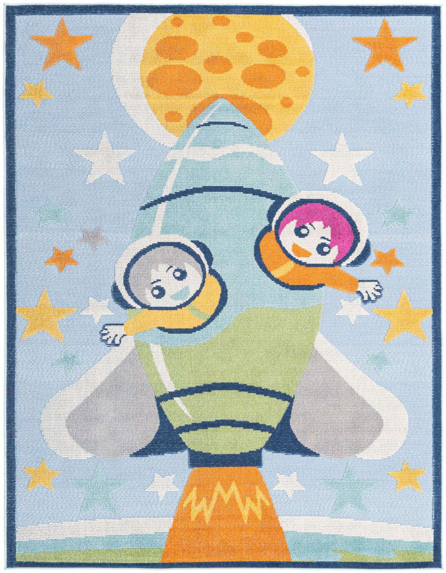 A 5x8 rectangular light blue rug featuring a vibrant rocket ship with two astronauts, a yellow moon, and colorful stars, ideal for a child's room or play area.