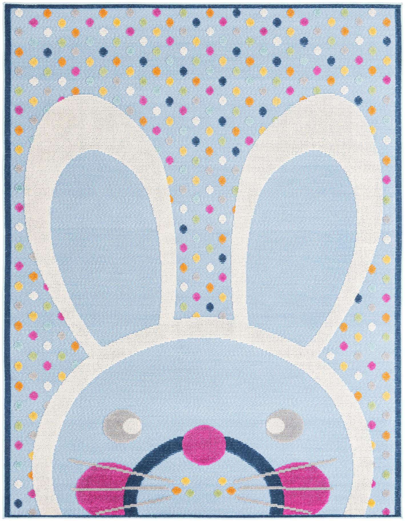 A light blue 5x8 rectangular rug featuring a large, stylized bunny face with white ears and colorful polka dots.