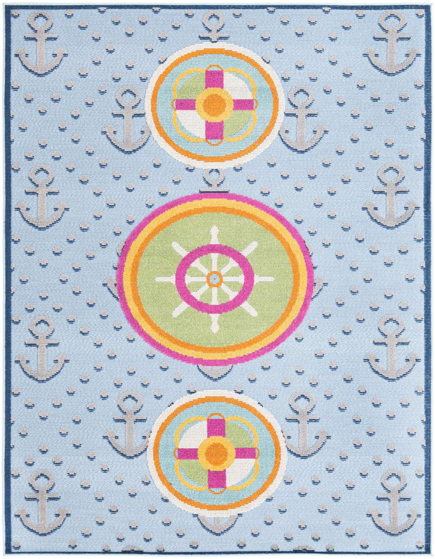 A 5x8 light blue rectangular indoor/outdoor rug with a modern nautical pattern featuring colorful ship wheels and life preservers, surrounded by gray anchors and small blue dots.