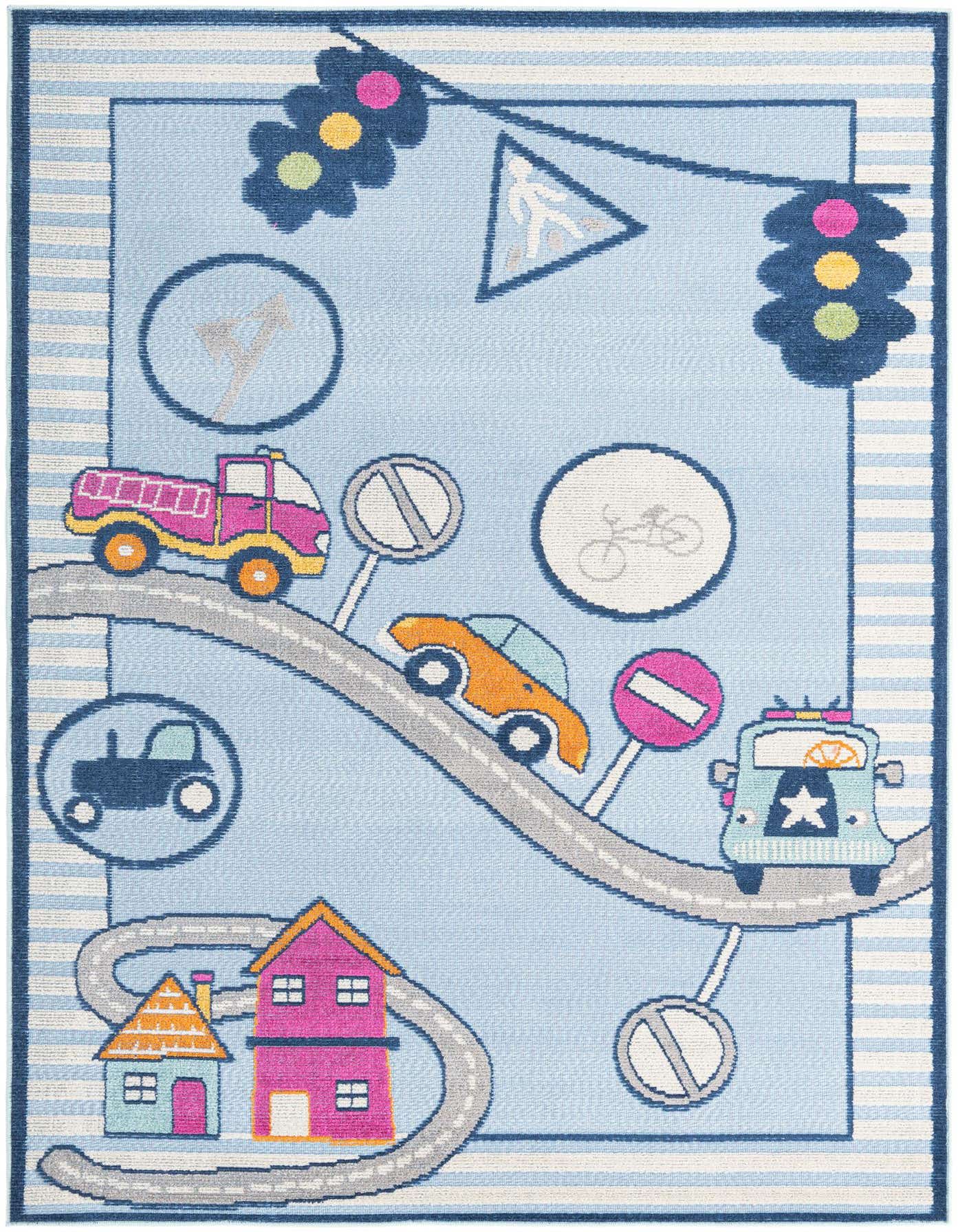 A 5x8 light blue rectangular rug featuring a playful modern design with roads, colorful cars, houses, and traffic lights, bordered by blue and white stripes.