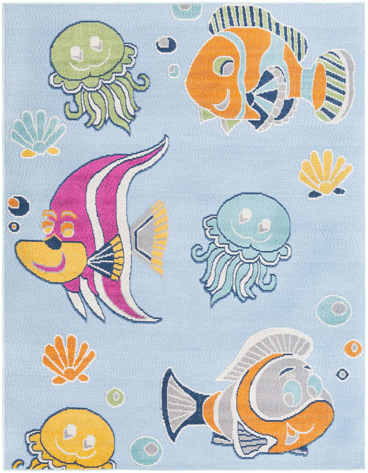 A light blue 5x8 rectangular rug with a playful modern pattern of colorful cartoon fish, jellyfish, and seashells.