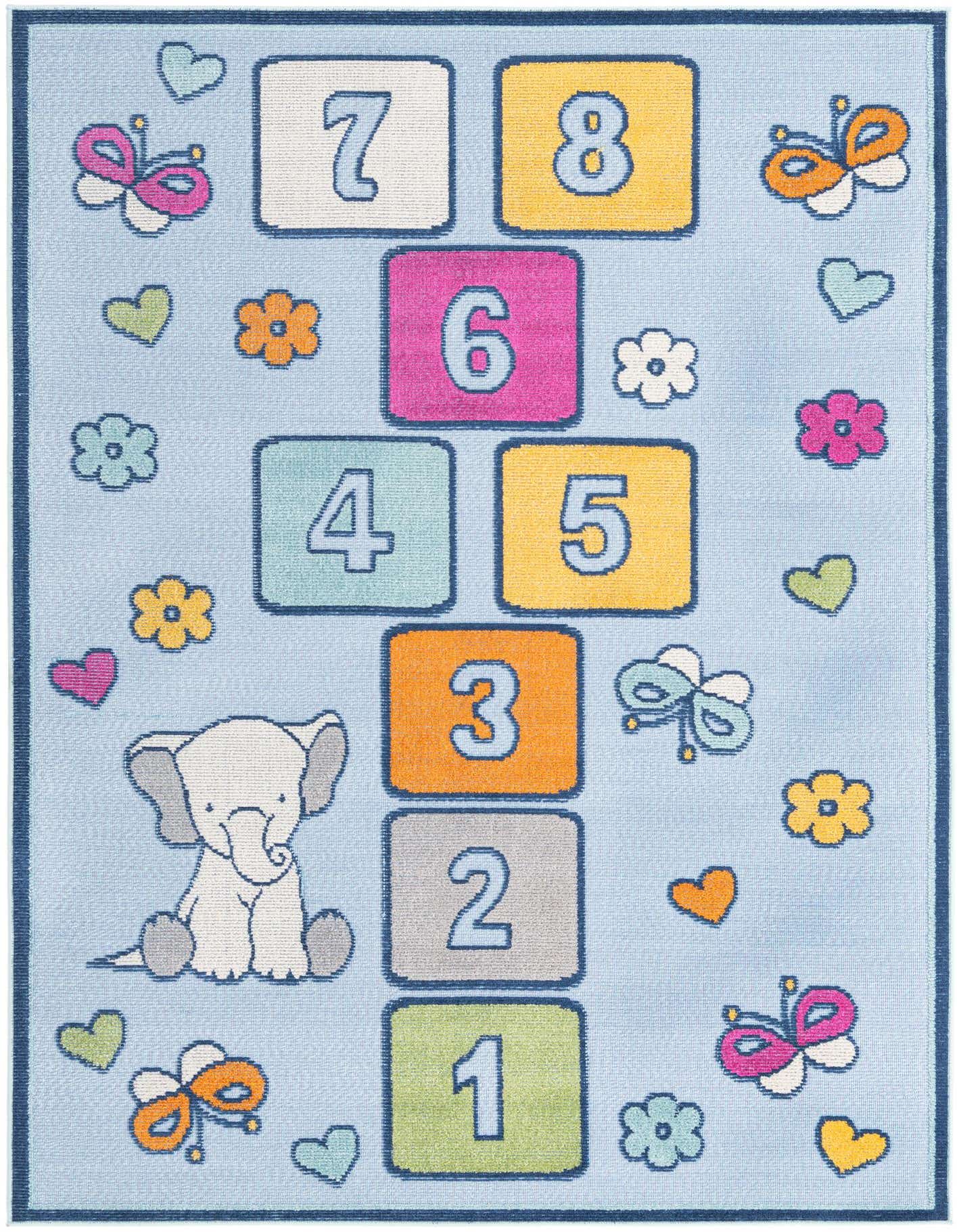 A light blue rectangular kids' rug featuring a colorful hopscotch game with numbers 1-8, an elephant, butterflies, and hearts, perfect for a playroom.