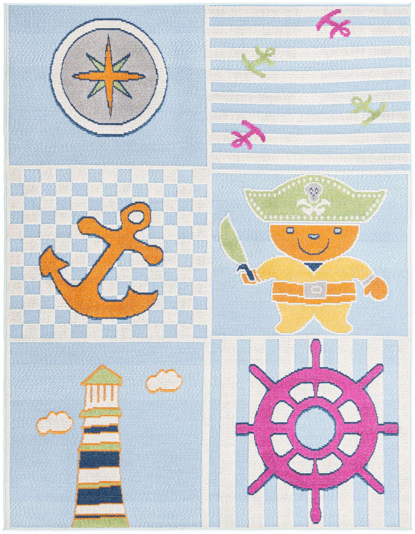 A 5x8 rectangular light blue rug with a modern nautical and pirate theme, featuring a compass, anchors, a pirate character, a lighthouse, and a ship's wheel.