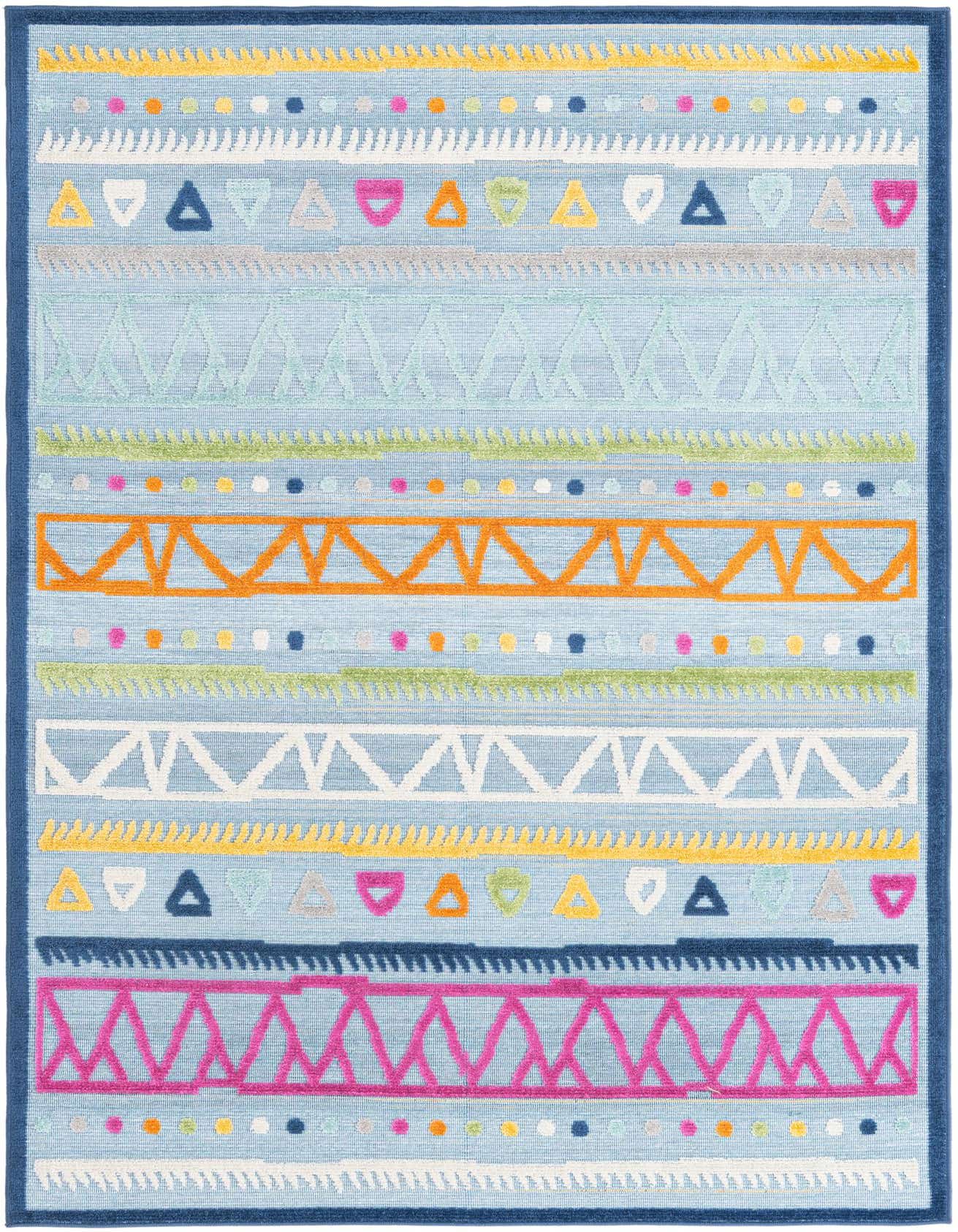 A 5x8 rectangular light blue modern flatweave rug with colorful geometric patterns and a dark blue border.