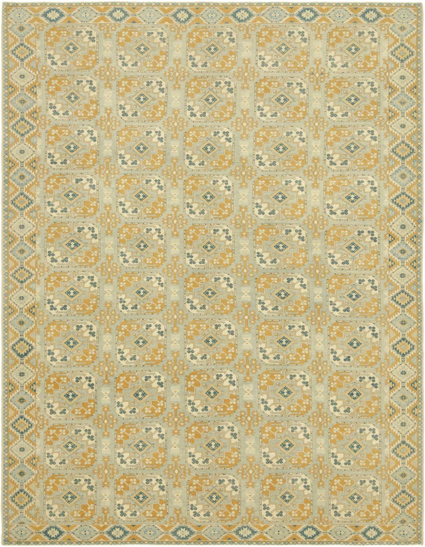 A 10x14 rectangular Peshawar Ziegler rug featuring traditional tribal patterns in light blue, gold, and cream.