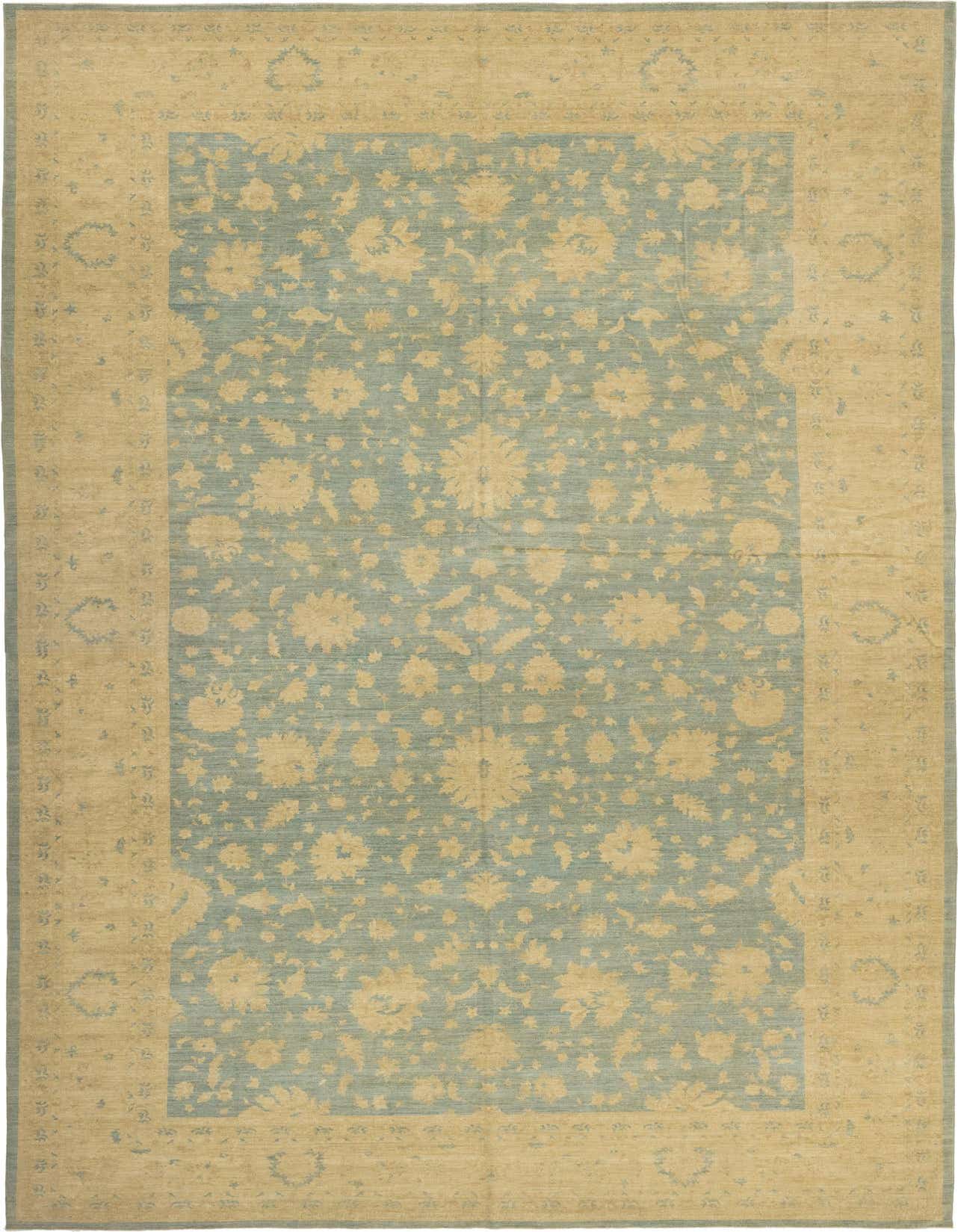 A large 13x18 rectangular Peshawar Ziegler rug with a light blue field and intricate gold botanical patterns, framed by a gold border.