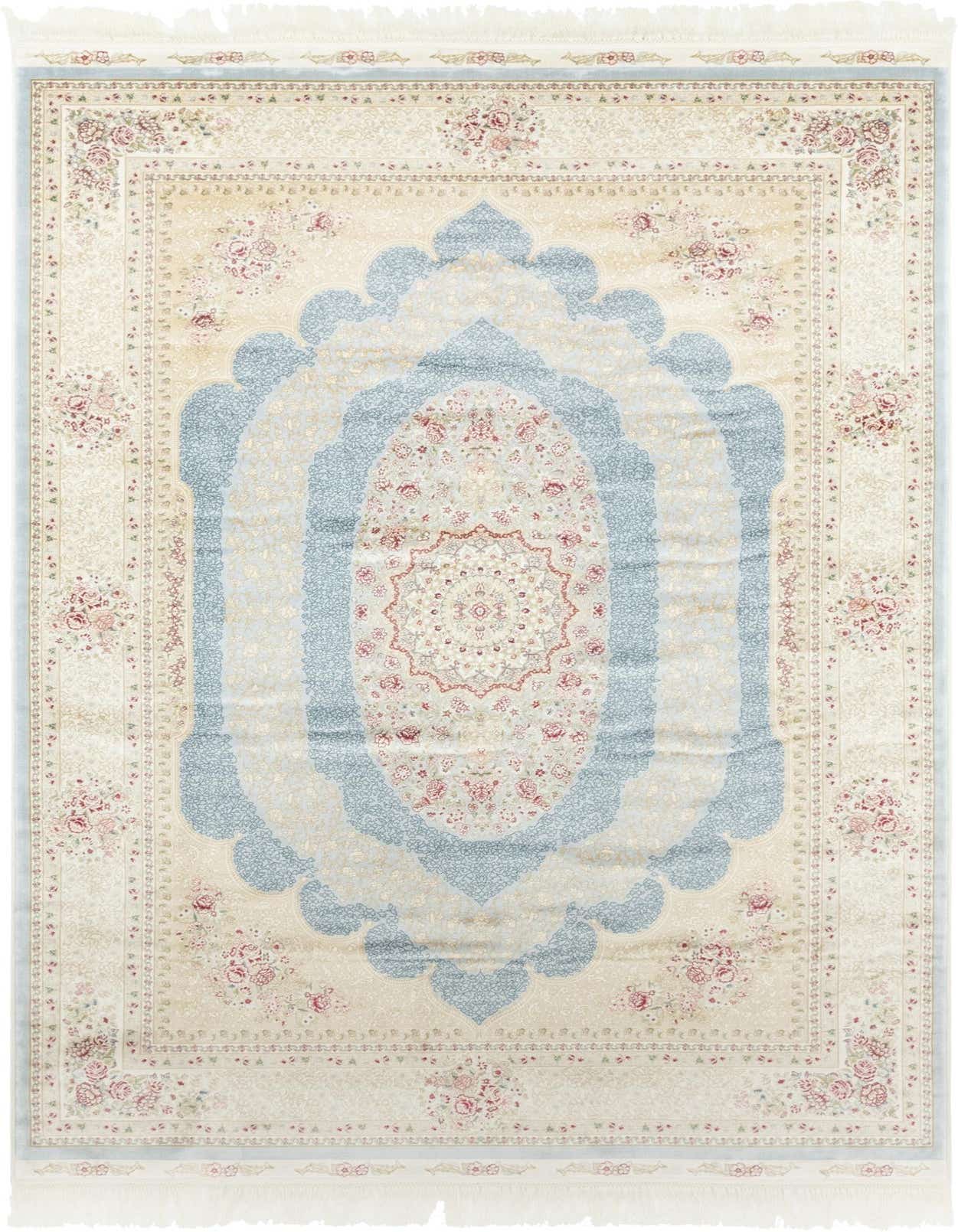 A 5x8 rectangular Qom Bamboo Silk rug featuring a traditional light blue medallion and botanical pattern on a cream background.