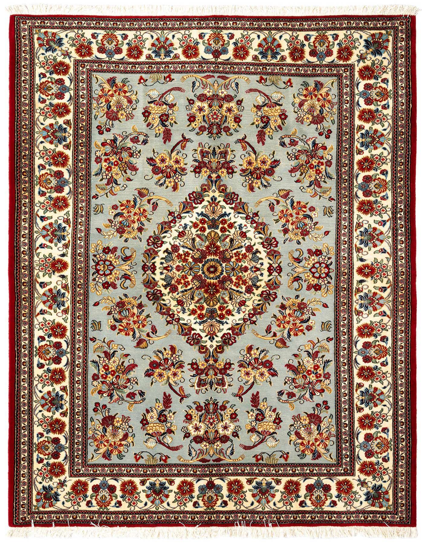 A 5x7 rectangular light blue Persian rug with a central medallion and intricate floral patterns in red, gold, and cream, suitable for an indoor living room.