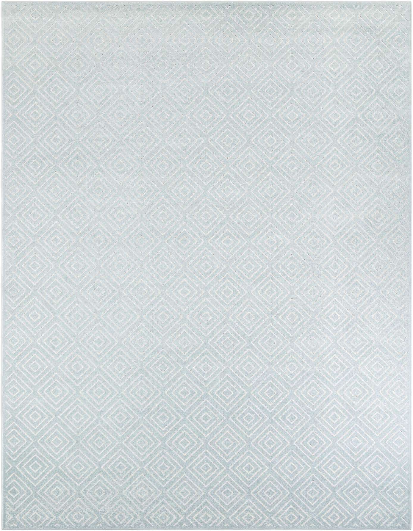 A 10x14 light blue rectangular rug with a repeating modern geometric diamond pattern, suitable for indoor or outdoor use.