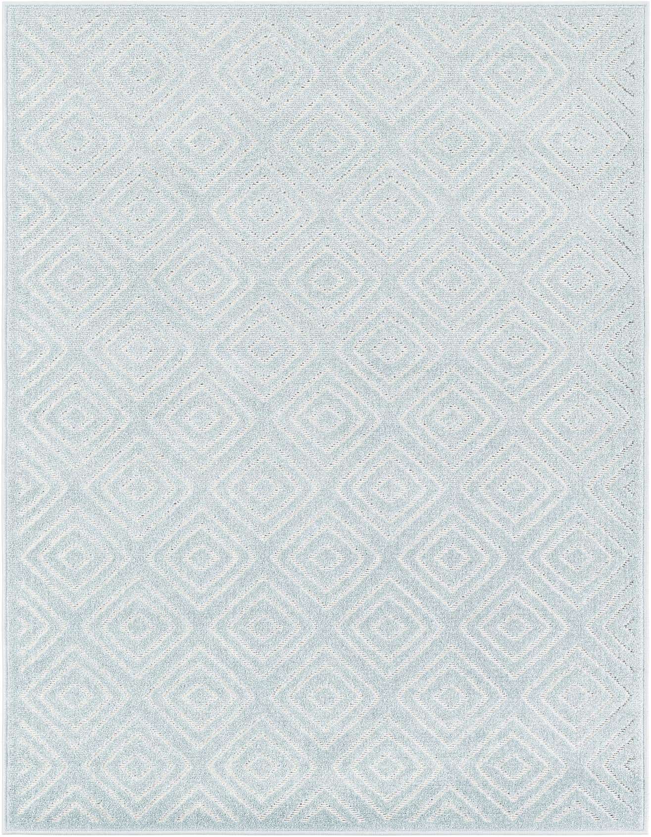 A 4x6 light blue rectangular indoor/outdoor rug with a modern geometric diamond pattern, suitable for various rooms.