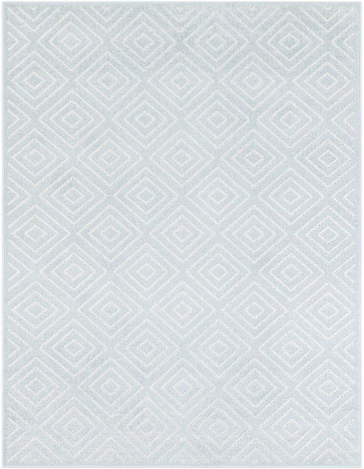 A 5x8 rectangular light blue modern rug with a repeating white diamond geometric pattern, suitable for indoor or outdoor use.