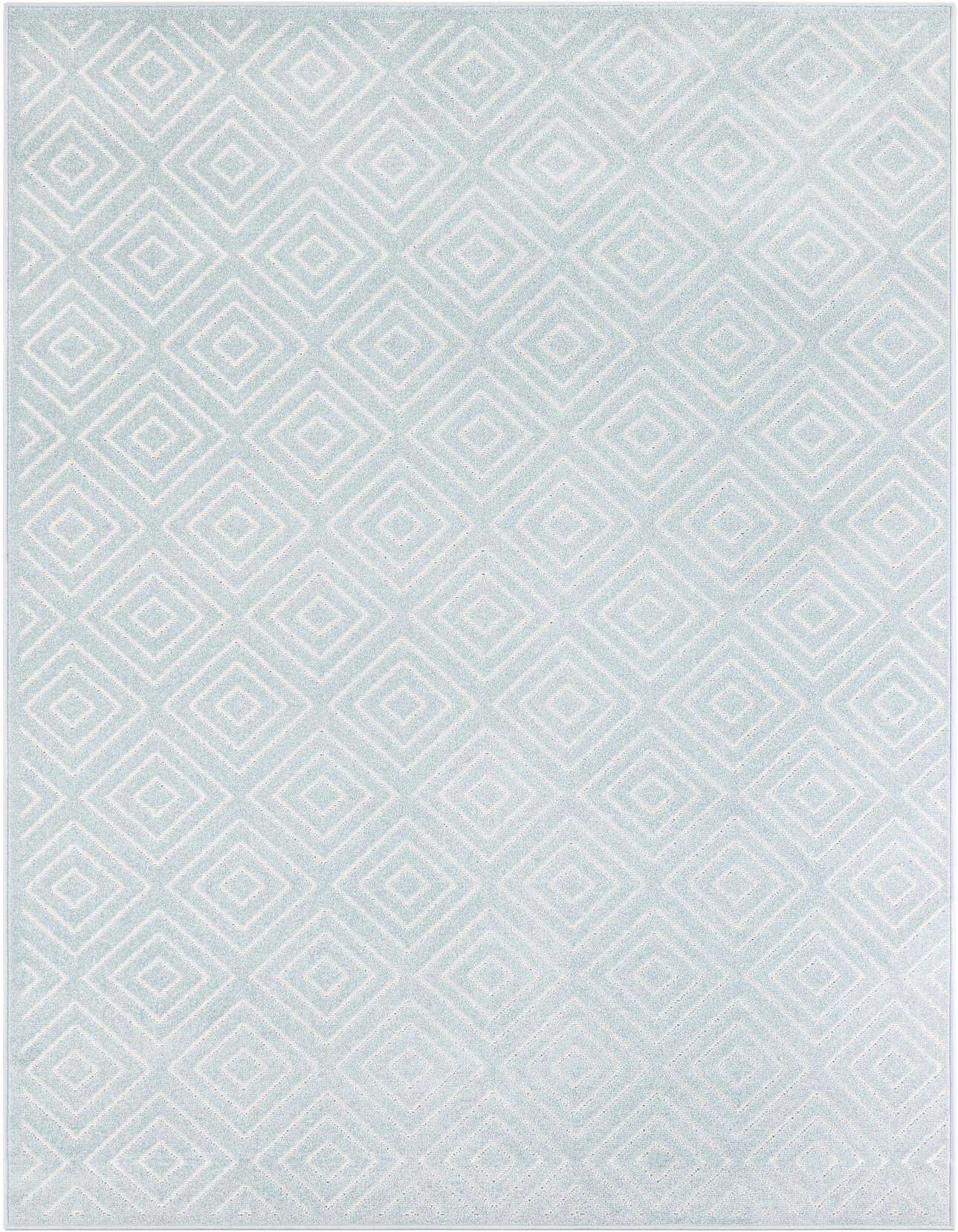 A 6x9 rectangular light blue modern area rug with a repeating white diamond geometric pattern, suitable for indoor or outdoor use.