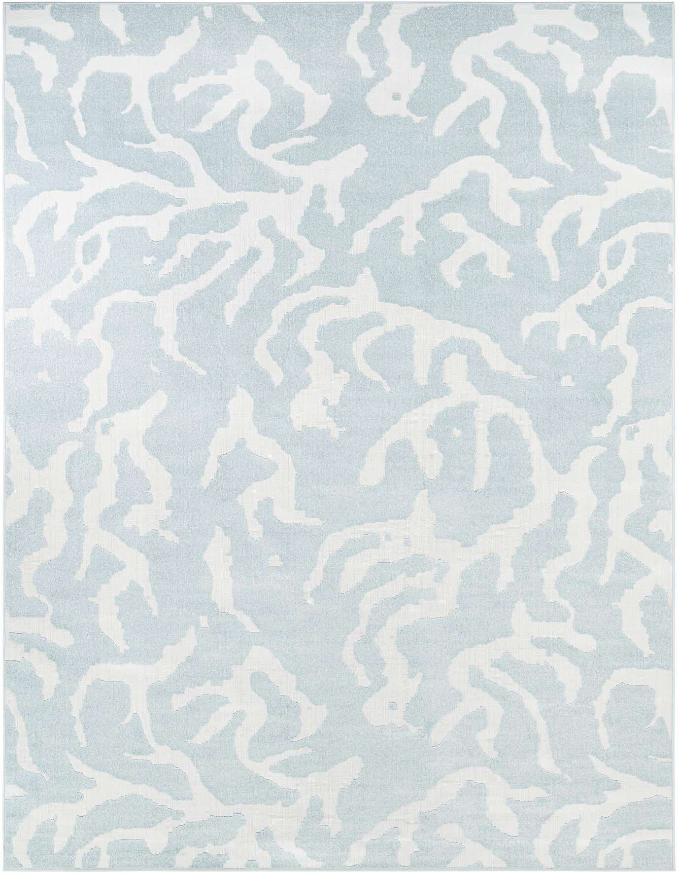 A 10x14 light blue and white rectangular indoor/outdoor rug with a modern abstract coral-like pattern.