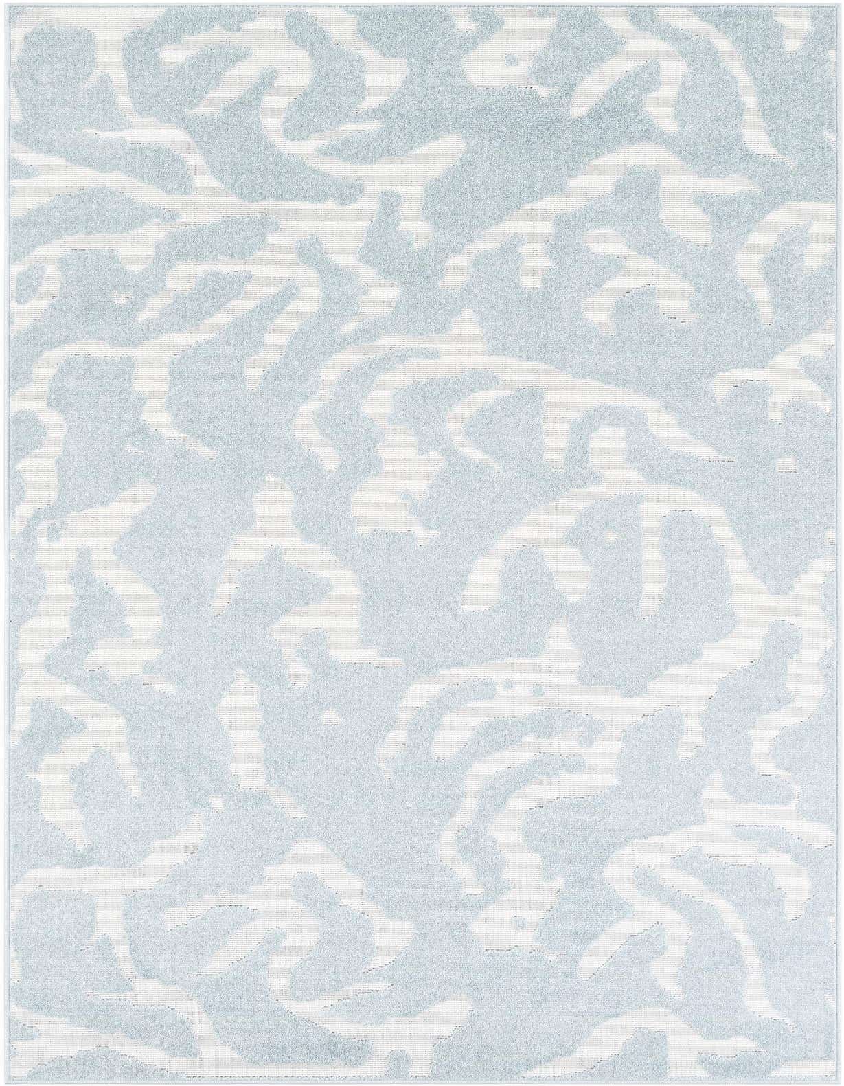 A 5x8 rectangular light blue and white modern area rug with an abstract, organic pattern, suitable for indoor or outdoor use.
