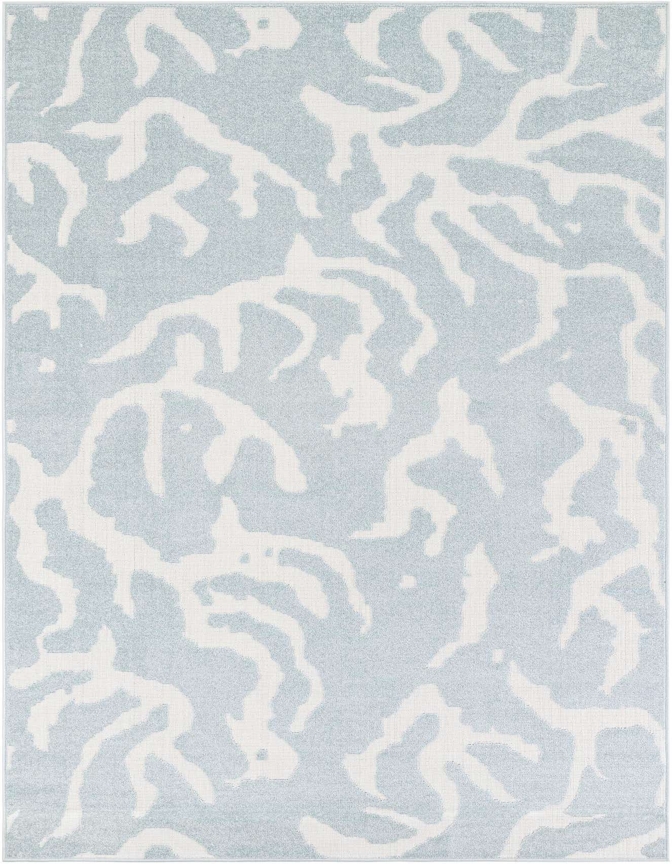 A 6x9 rectangular light blue and white modern abstract rug with a coral-like pattern, suitable for indoor or outdoor spaces.
