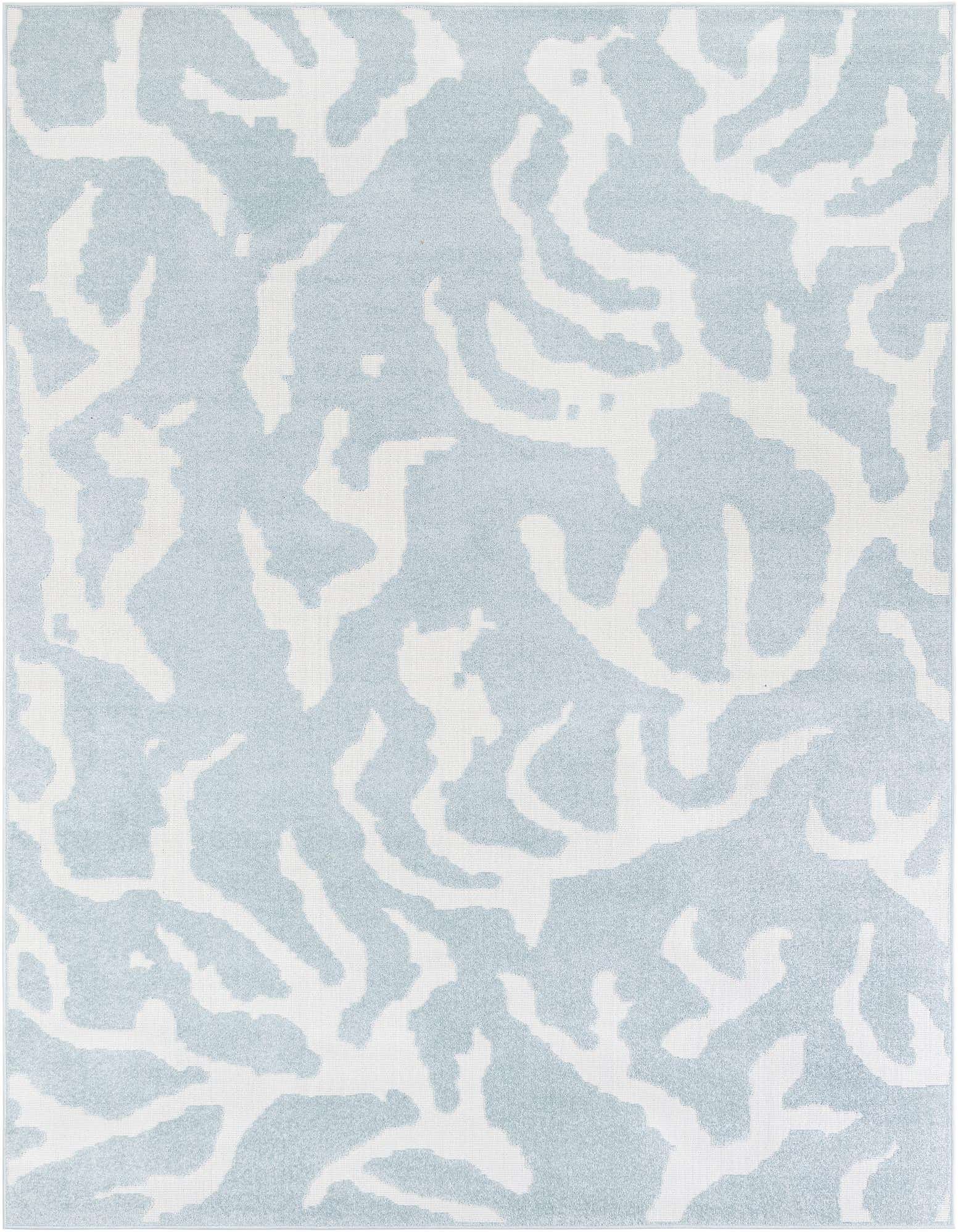 An 8x10 rectangular light blue and white modern abstract rug with a textured, medium pile, suitable for indoor or outdoor use.