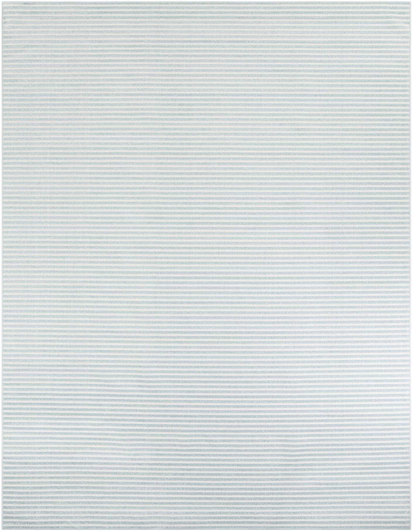 A 10x14 rectangular light blue and white striped modern outdoor rug, ideal for a patio or deck.