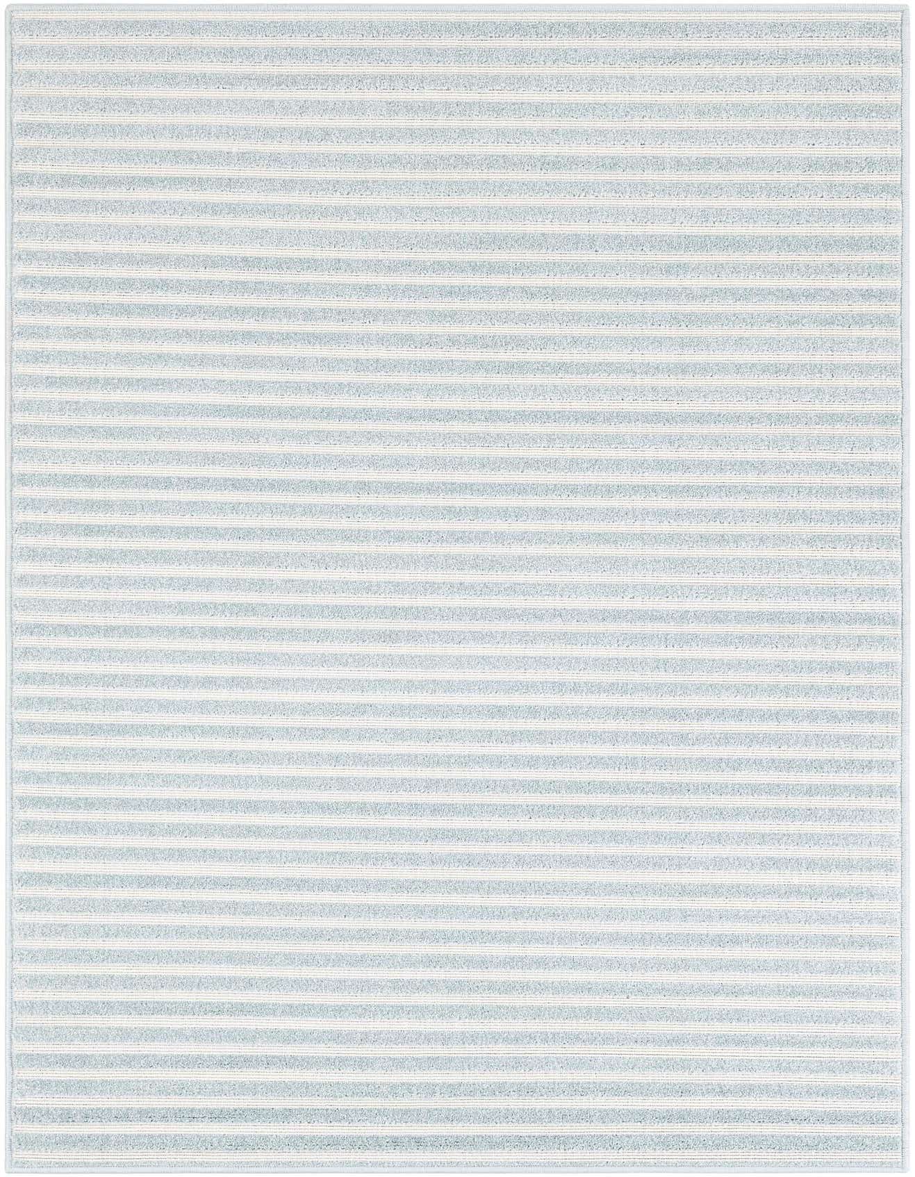 A 4x6 rectangular indoor/outdoor rug featuring a modern stripe pattern in varying shades of light blue and white.