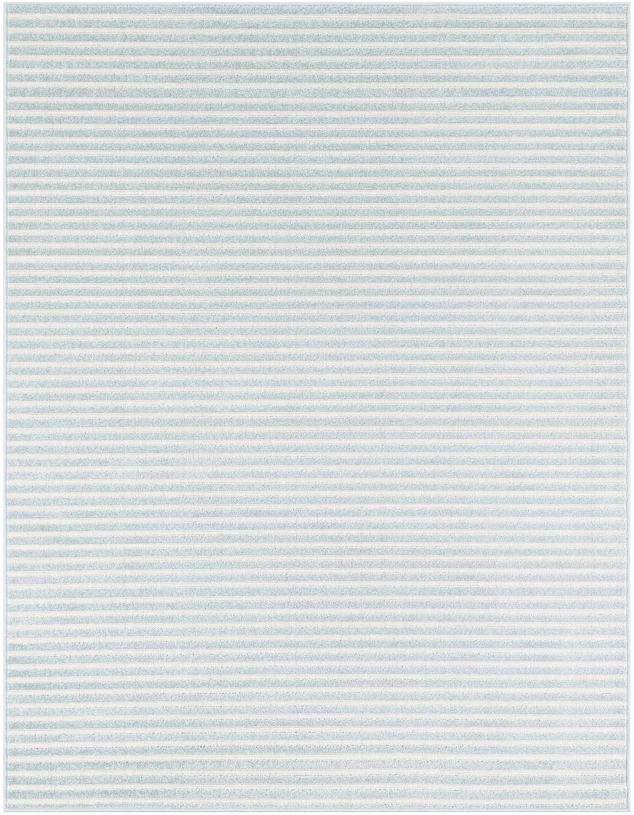 A 5x8 rectangular light blue and white striped modern indoor/outdoor rug with a textured pile.
