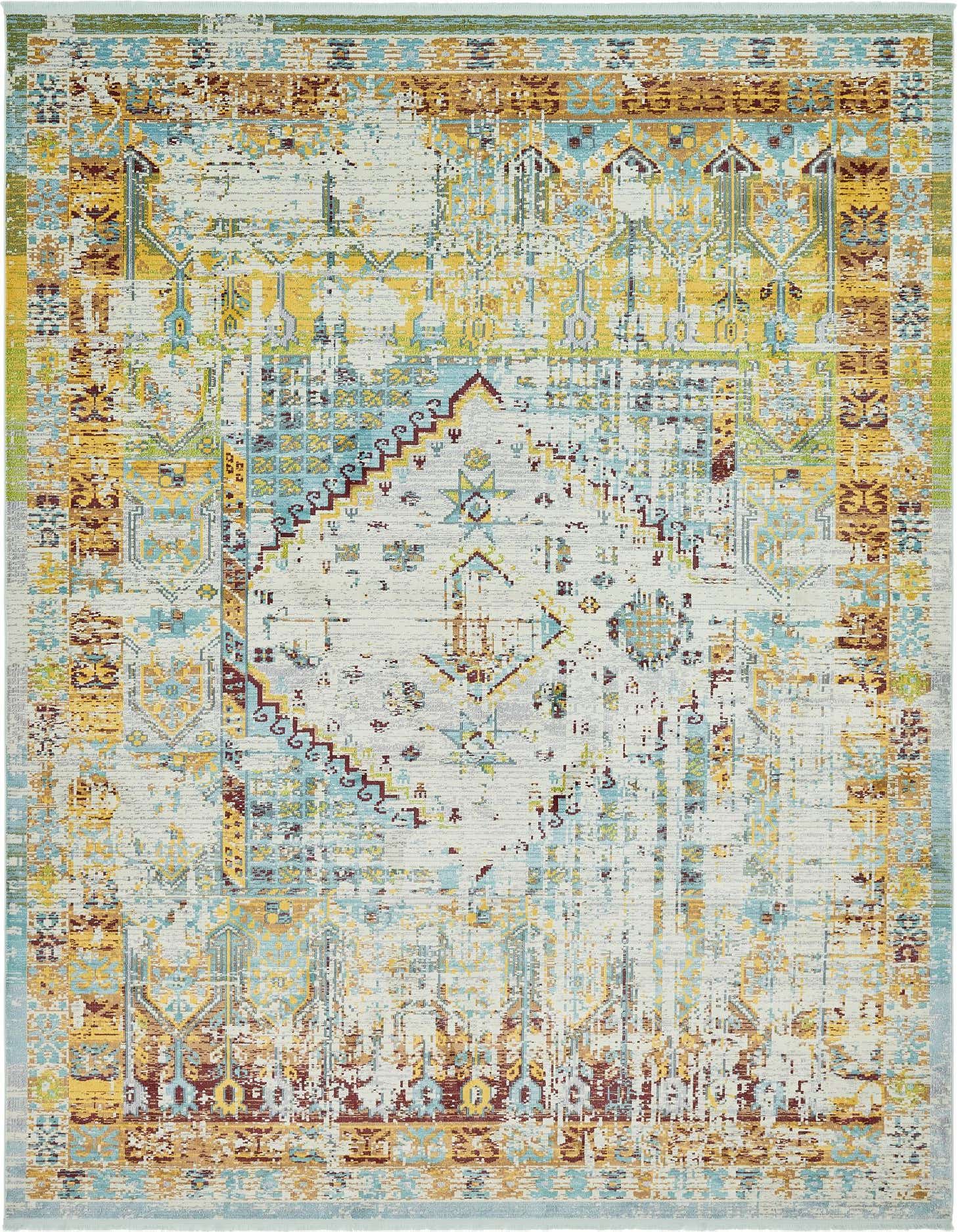 A 10x13 rectangular Santiago rug featuring a distressed bohemian medallion pattern in light blues, yellows, and browns on a cream background.
