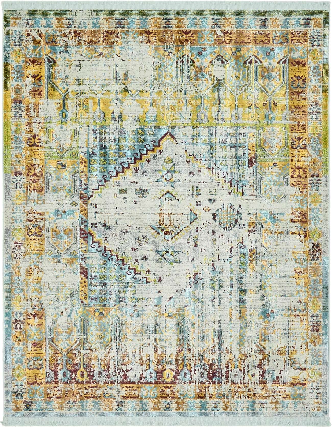 A 4x6 rectangular indoor rug with a distressed Bohemian medallion pattern in blues, yellows, and hints of green and brown.