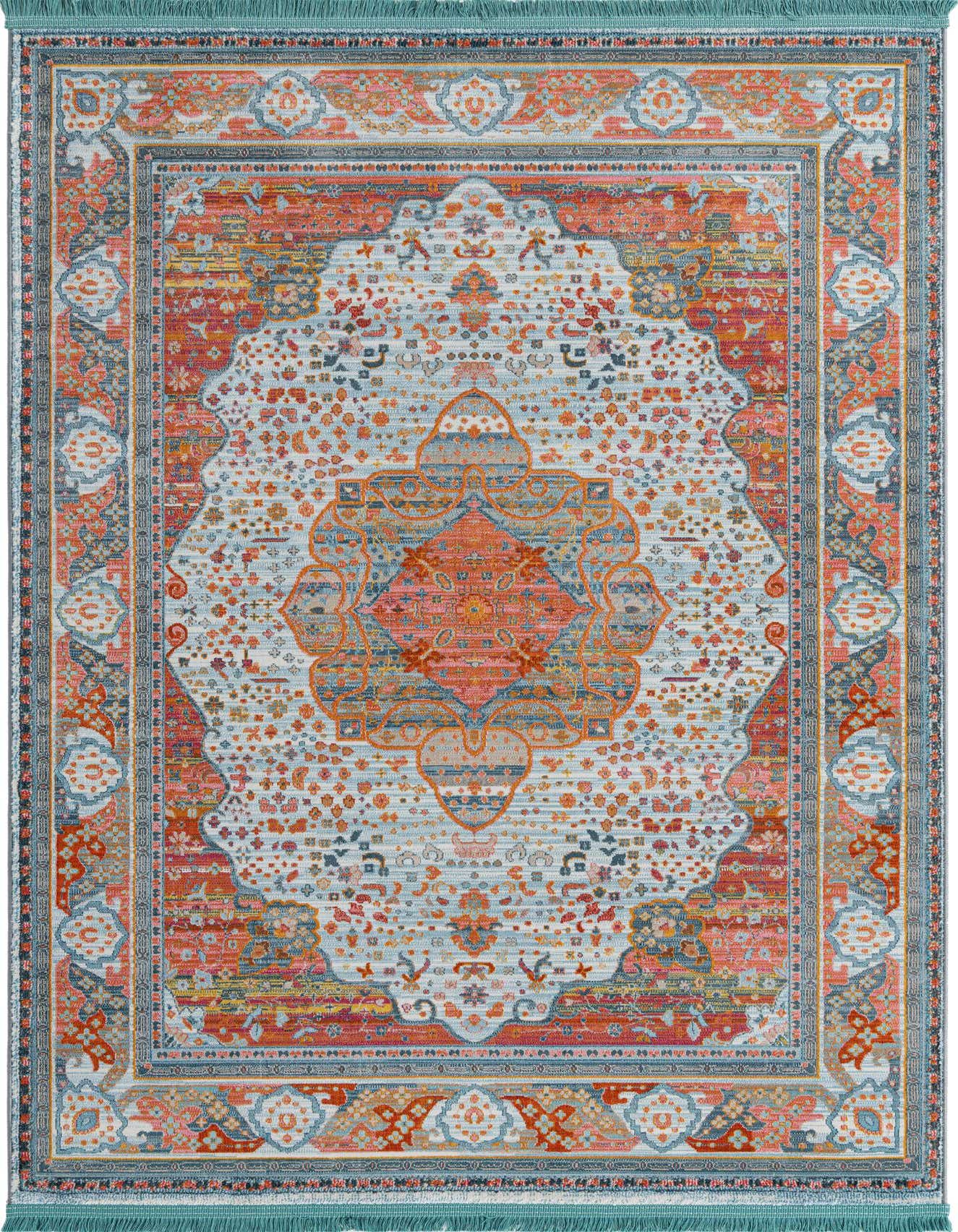 A 4x6 rectangular Santiago rug featuring a vibrant medallion pattern in blues, oranges, and reds, with a distressed vintage look.