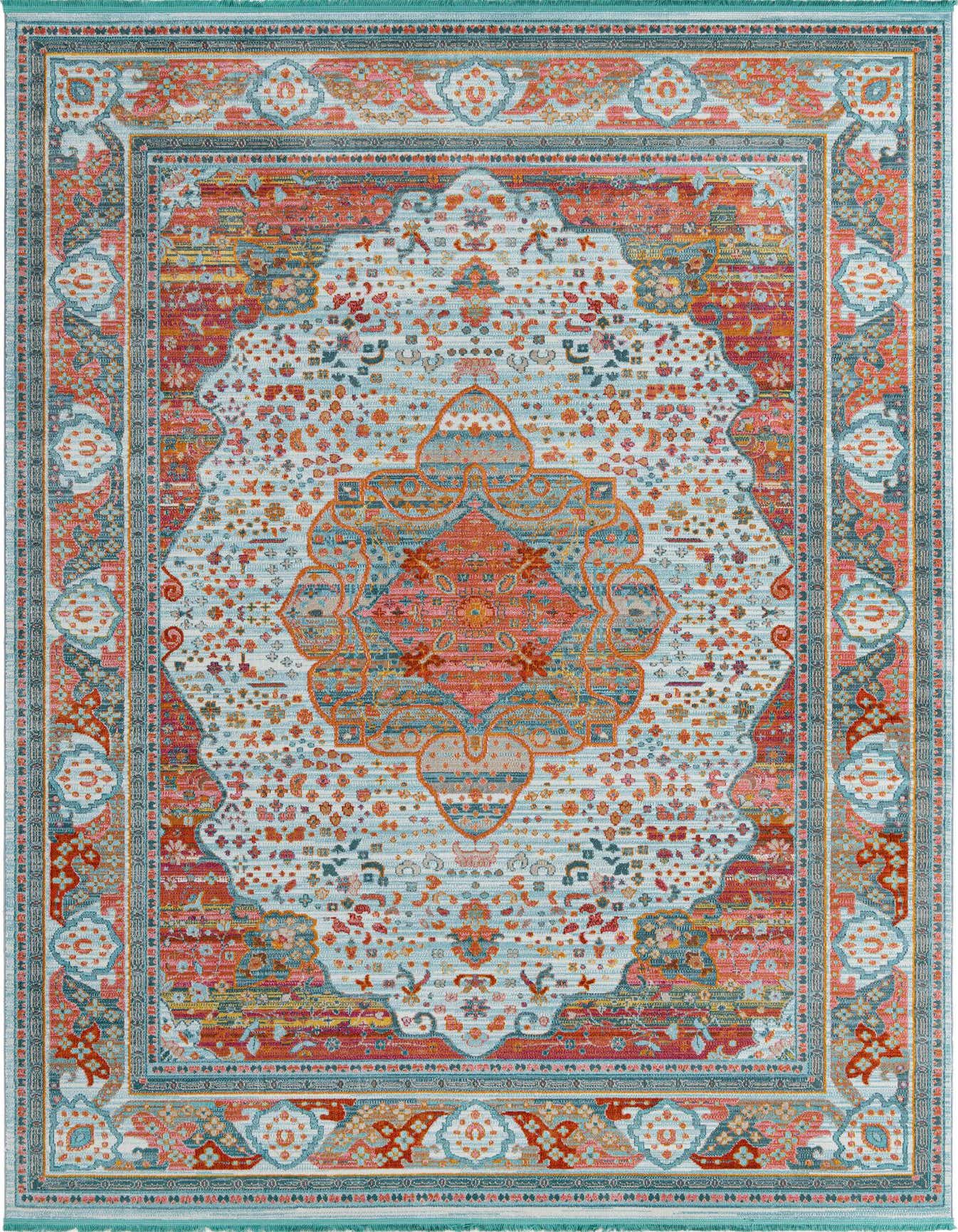 A large 10x14 rectangular Santiago collection rug featuring a light blue field with an ornate coral and orange medallion, surrounded by a distressed traditional border in blues and oranges.
