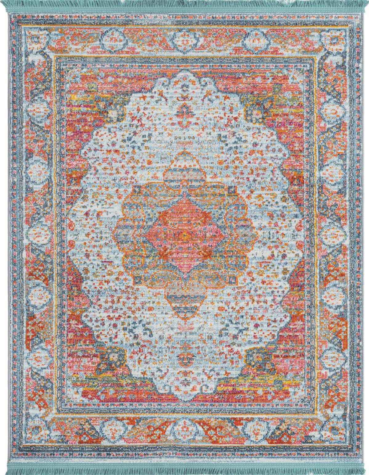A 3x5 rectangular Santiago rug featuring a vibrant medallion pattern in blues, reds, and oranges with turquoise fringe.