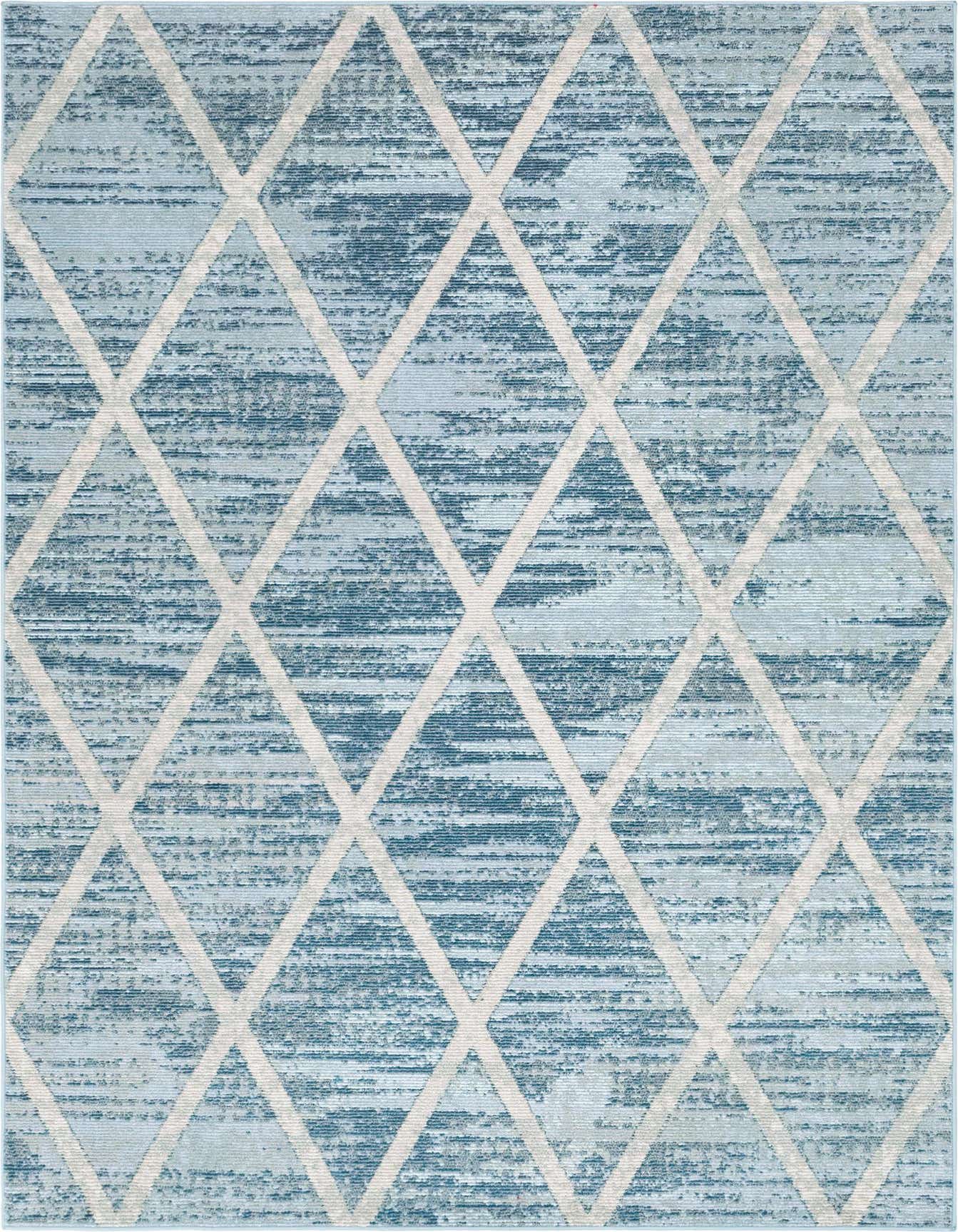A 5x8 rectangular Starlight rug featuring a modern transitional diamond pattern in varying shades of blue with light blue lines.