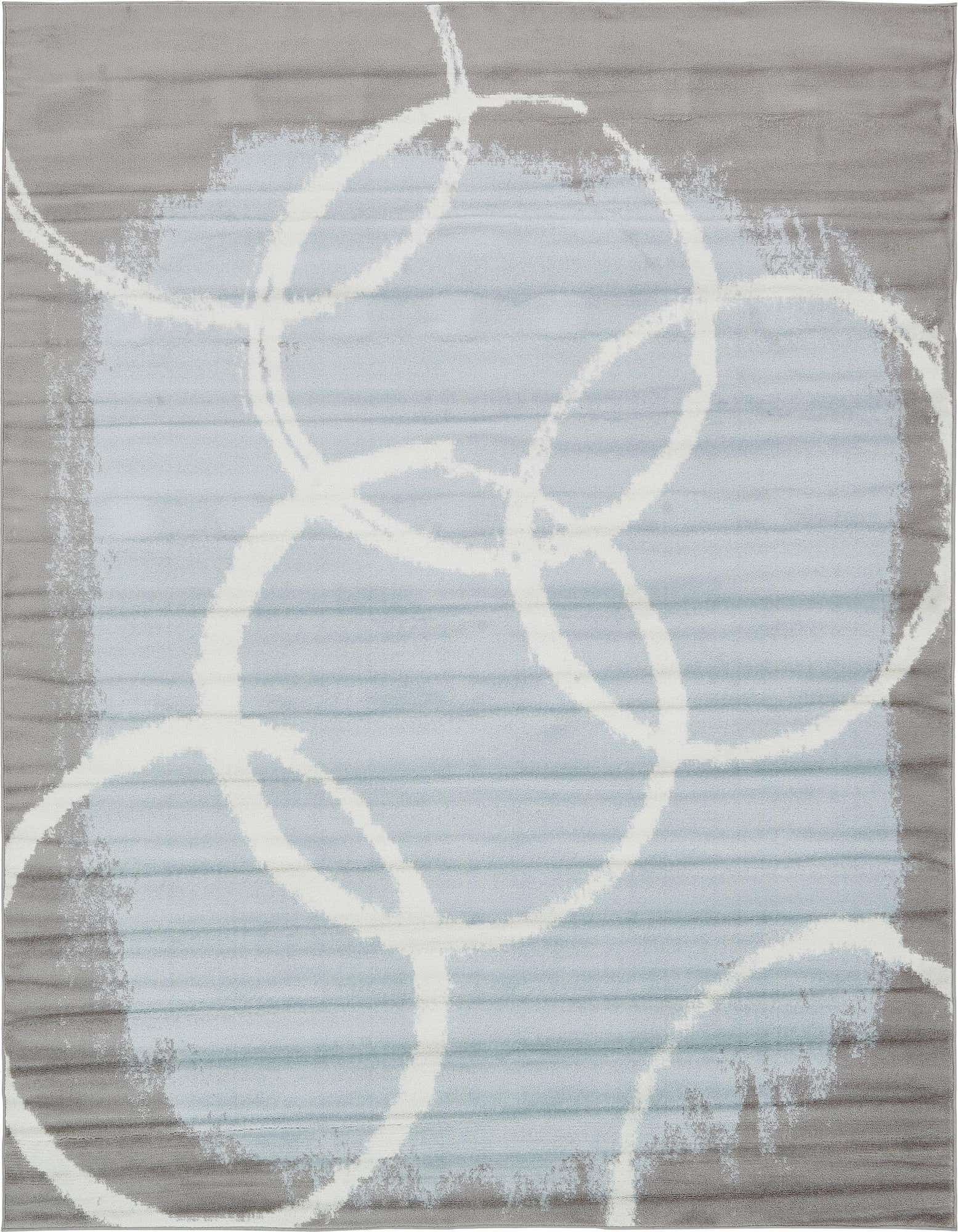 An 8x10 rectangular light blue and gray area rug with a modern abstract stripe and white circular pattern.