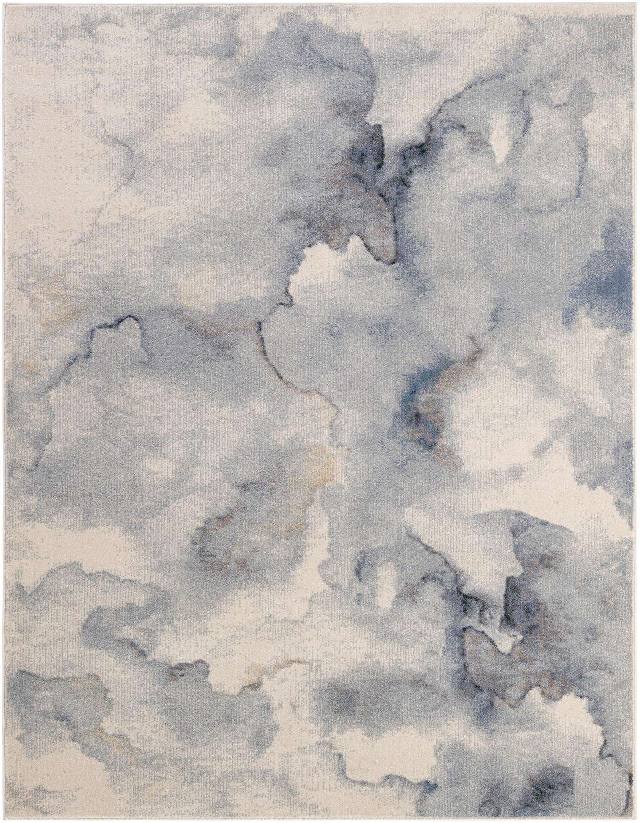 A 5x8 rectangular indoor rug featuring an abstract watercolor pattern in various shades of light blue and cream.