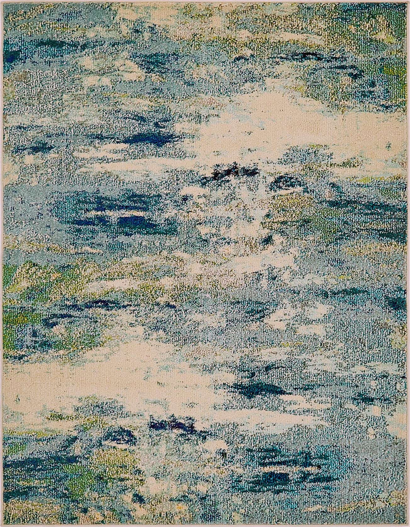 A 4x6 rectangular Theia Collection rug featuring an abstract coastal pattern in various shades of blue and cream, ideal for a modern living space.