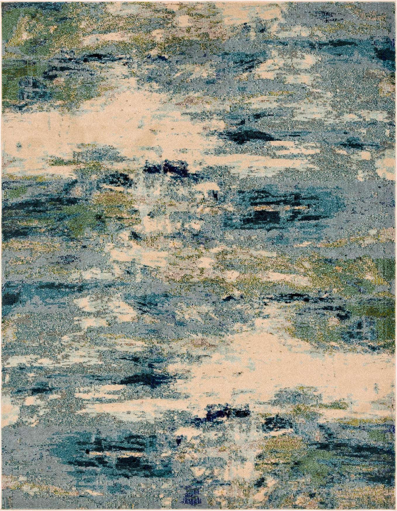 A 7x10 rectangular area rug with an abstract pattern in varying shades of blue, green, and cream, suitable for a living room.