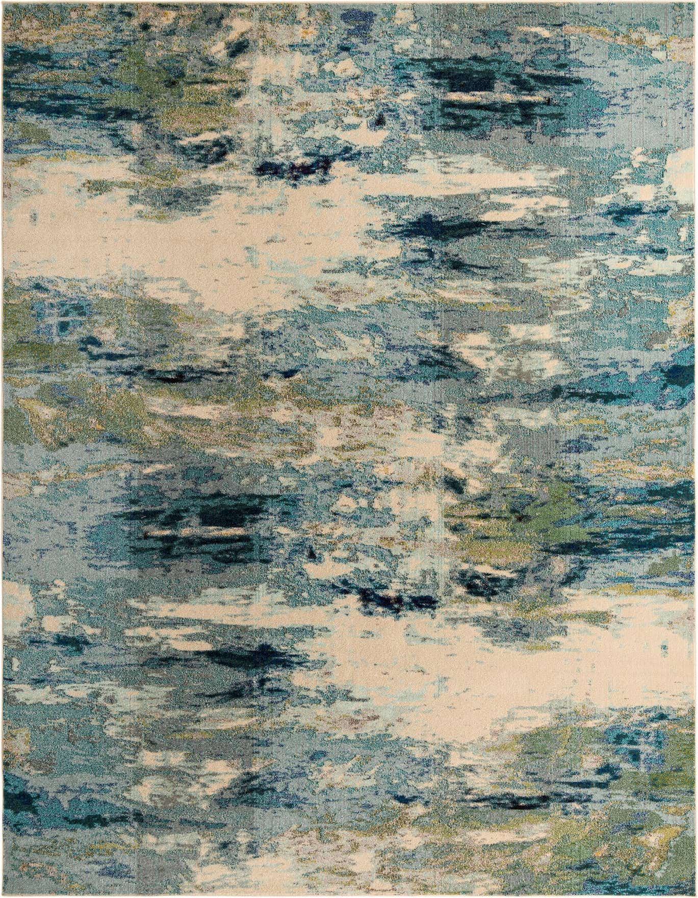 A 10x14 rectangular Rugs.com Theia rug featuring an abstract, coastal pattern in various shades of blue, green, and cream.