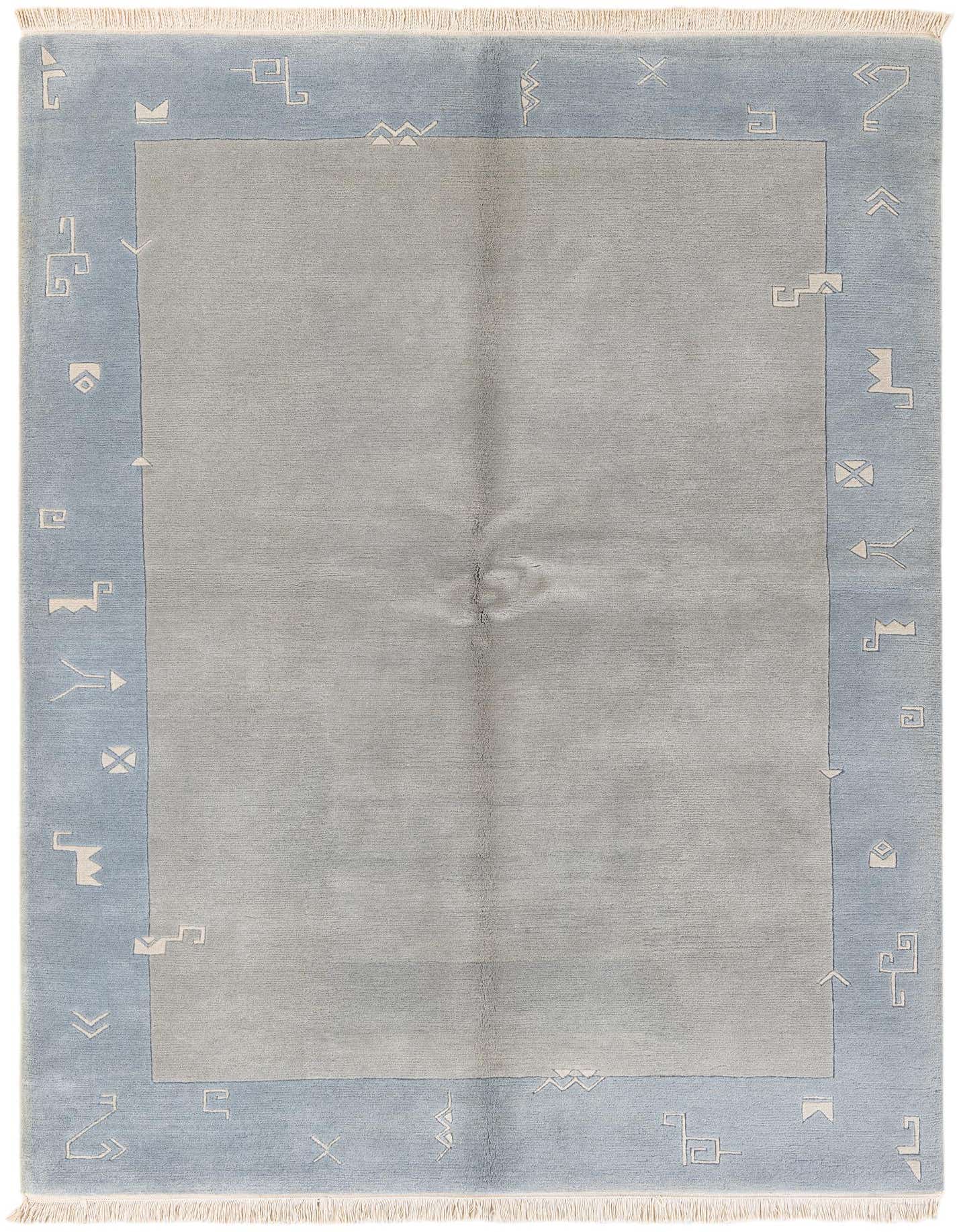 A 5x8 rectangular light blue wool area rug with a medium pile, featuring an abstract border pattern.