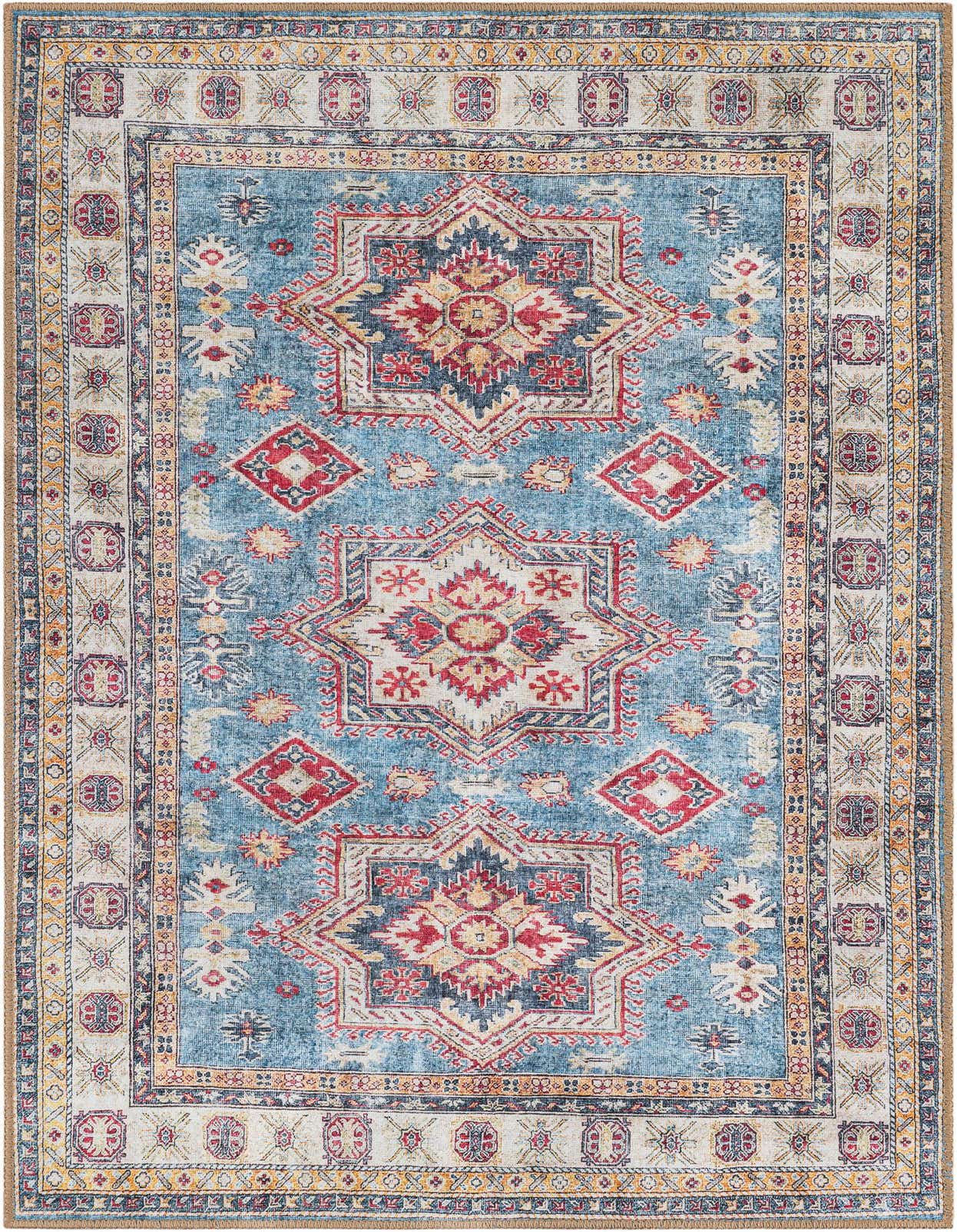A 3x5 rectangular light blue rug with a distressed traditional pattern featuring red, cream, and gold accents, suitable for indoor use.