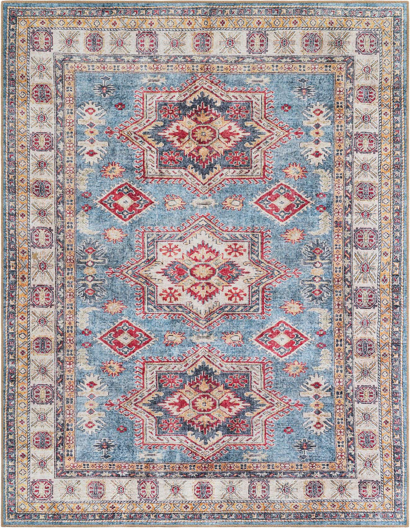 A 6x9 rectangular area rug featuring a distressed light blue background with red, gold, and cream geometric and medallion patterns.