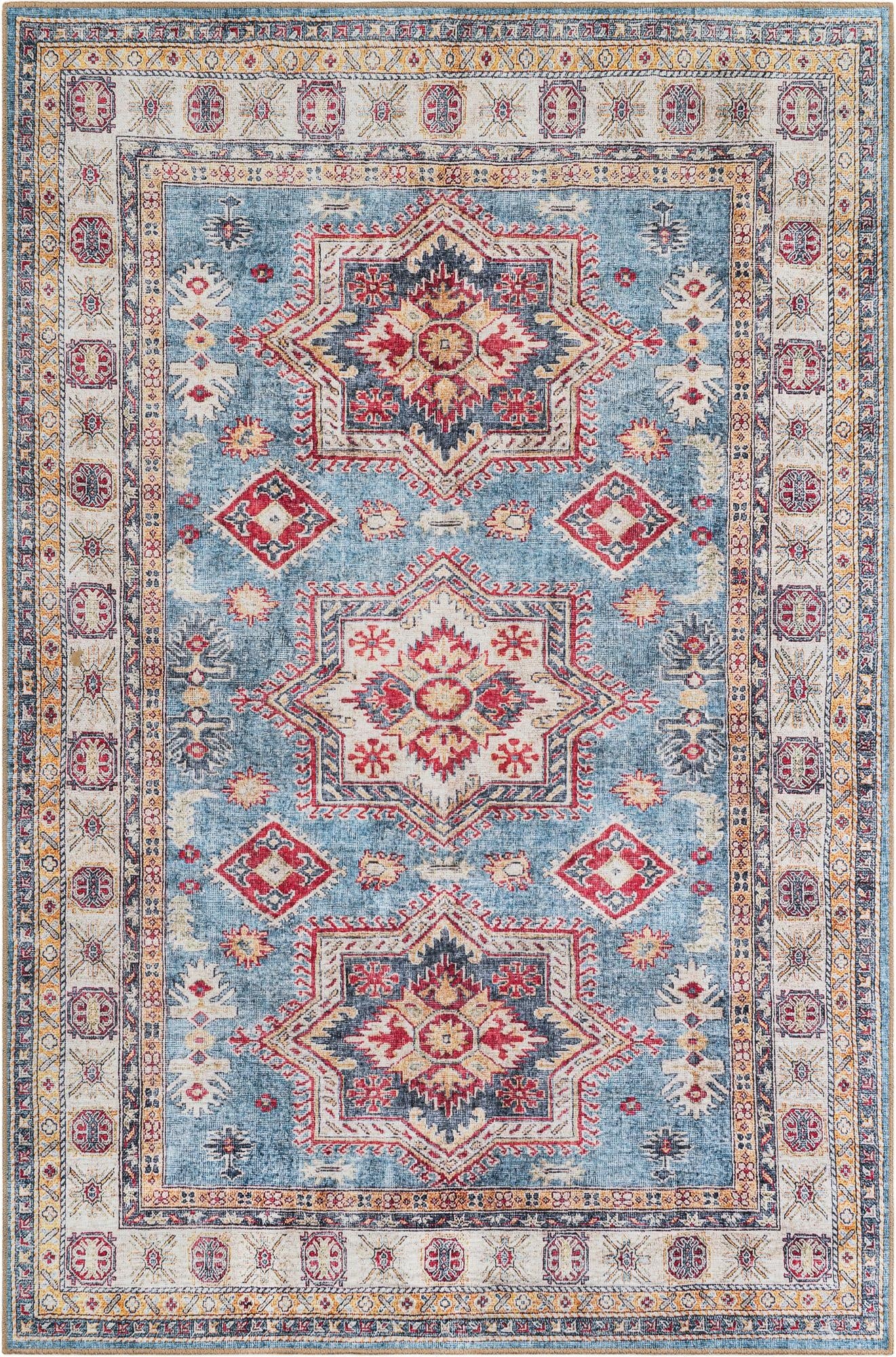 A 6x9 rectangular area rug featuring a distressed light blue background with red, gold, and cream geometric and medallion patterns.