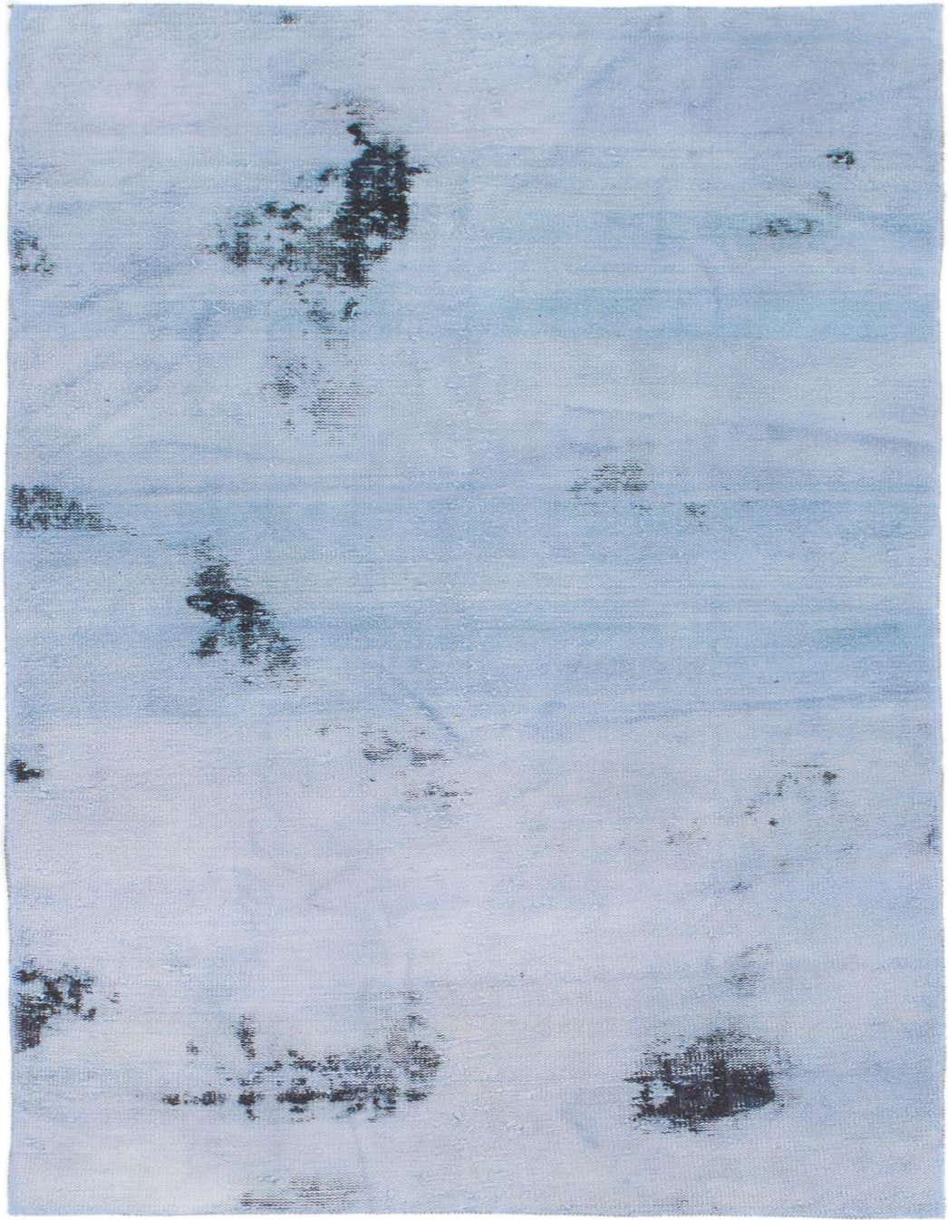 A 4x6 rectangular light blue flatweave wool rug with an abstract, distressed Persian pattern in darker blue tones.