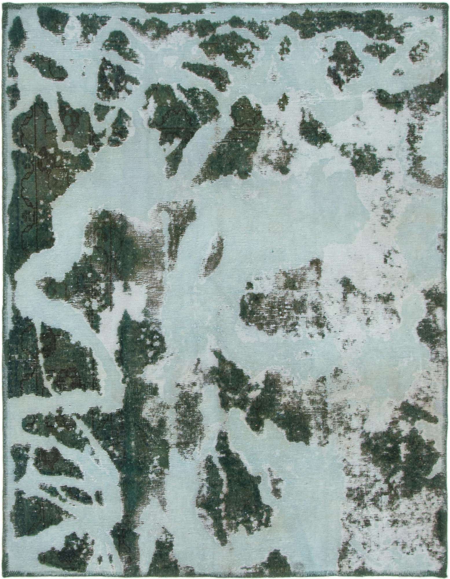 A 4x6 rectangular light blue and dark blue abstract rug with a distressed, vintage look, suitable for an indoor living space.