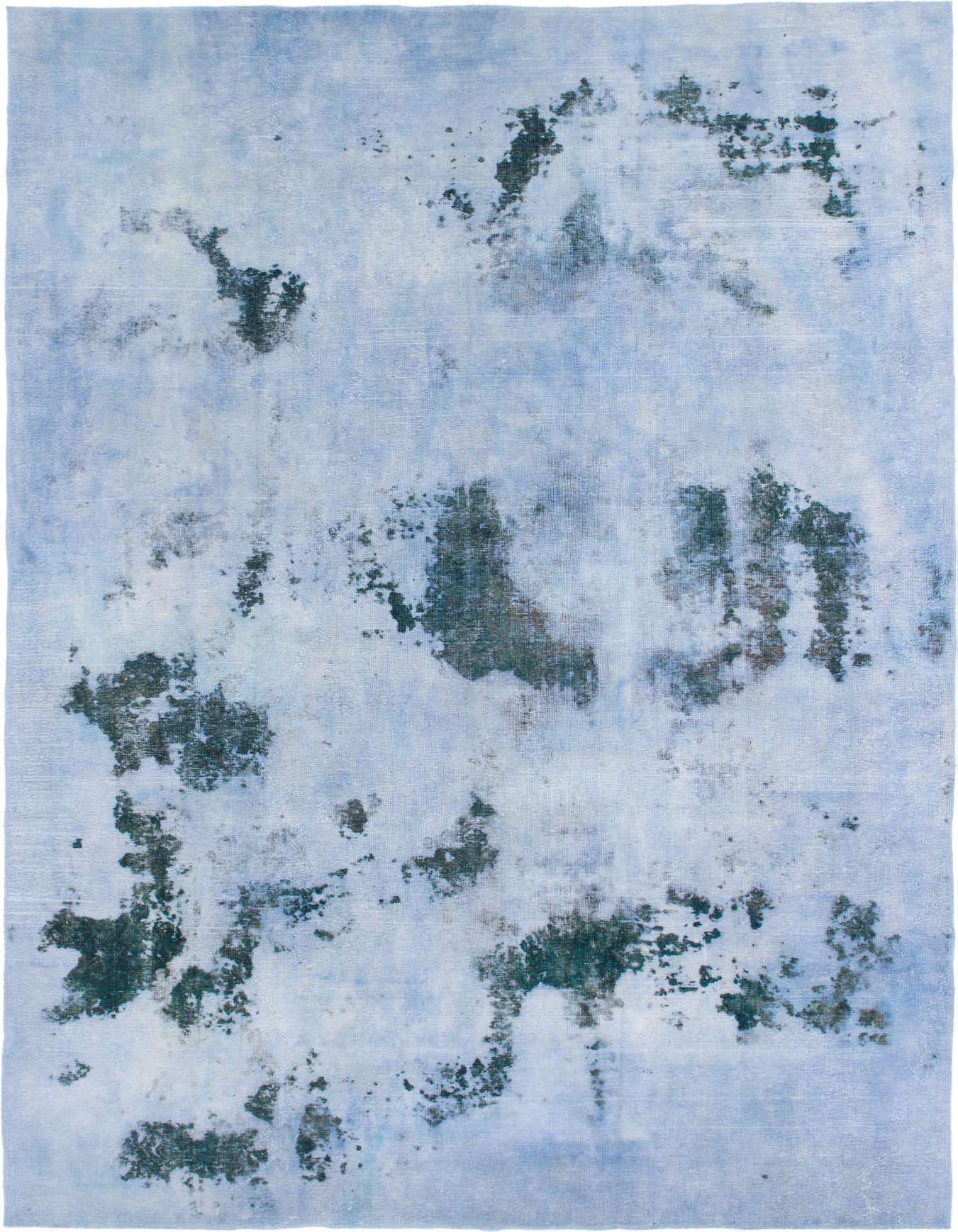 A rectangular 8x12 light blue wool rug with a distressed abstract pattern in darker blue and hints of green, suitable for an indoor living space.