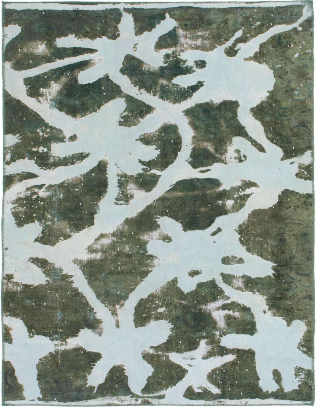 A 5x8 rectangular light blue and dark blue abstract wool rug with a distressed, vintage look, perfect for a modern living room.