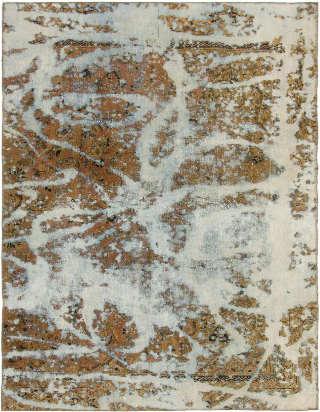 A 6x9 rectangular Ultra Vintage wool rug featuring a distressed light blue and earthy brown abstract Persian pattern.